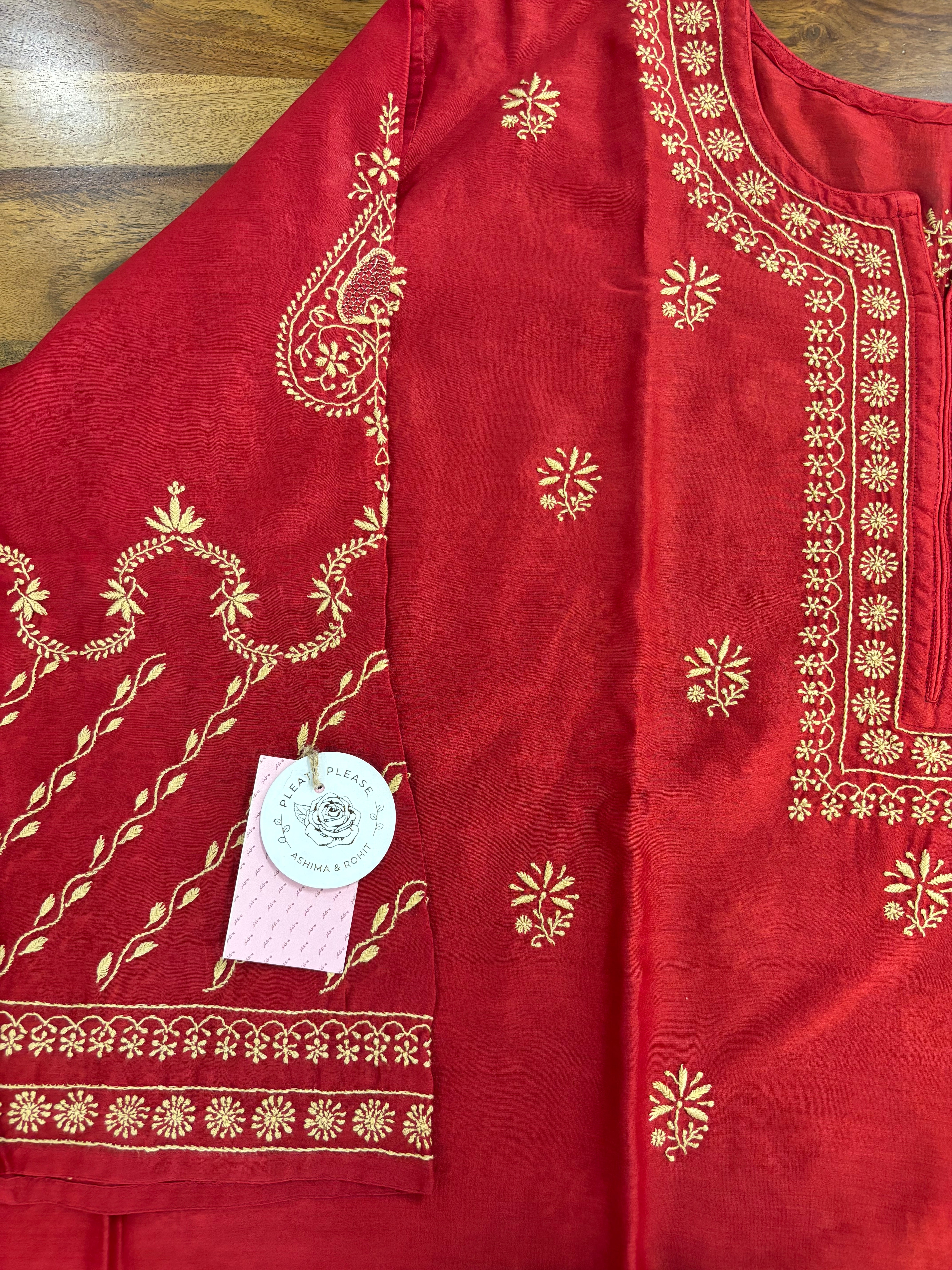 Crimson Red Chanderi Silk Chikankari Kurta,Bottom With Organza Dupatta