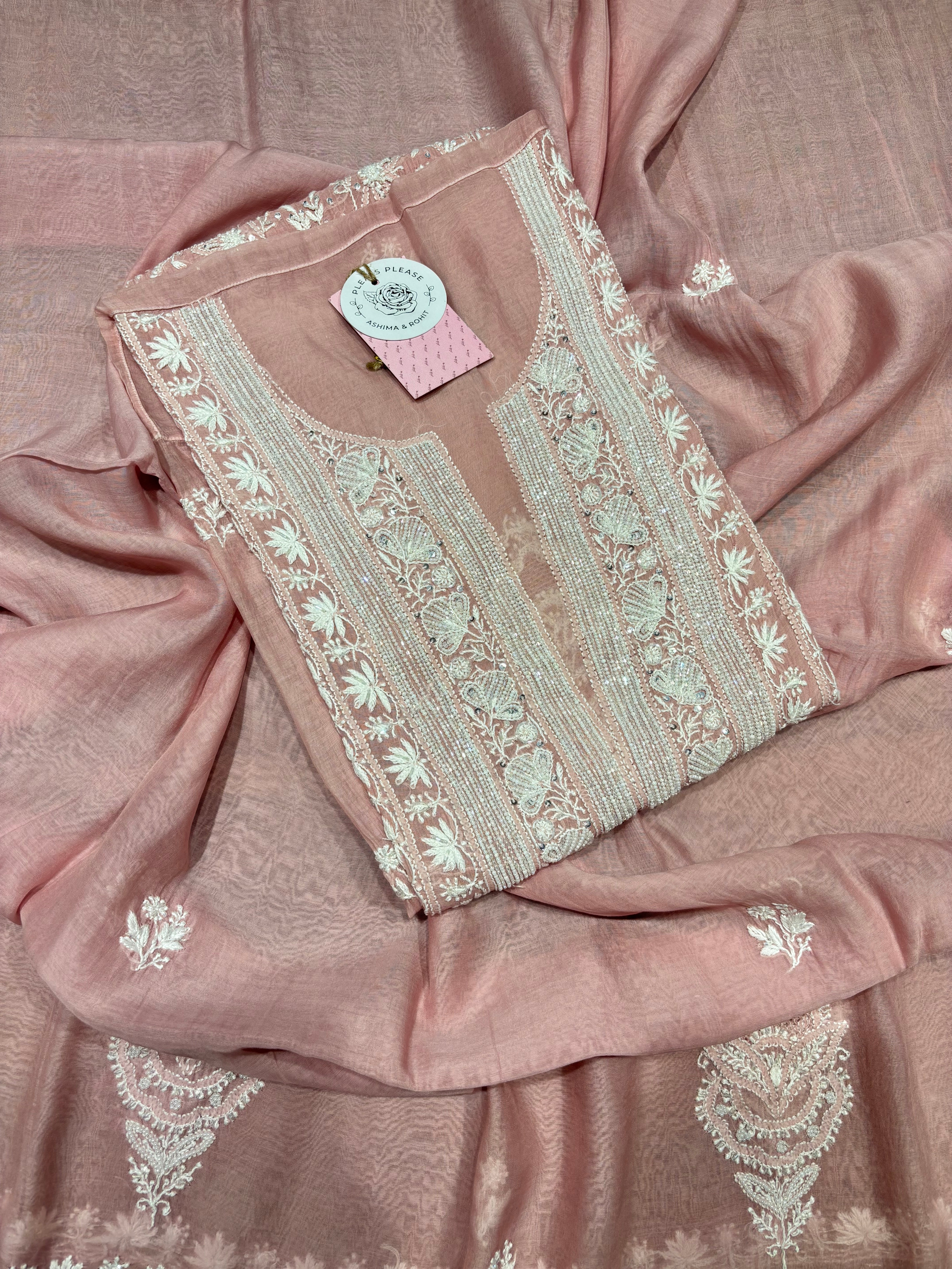 Oyster Pink Chanderi Mul Chikankari Kurta and Dupatta Set