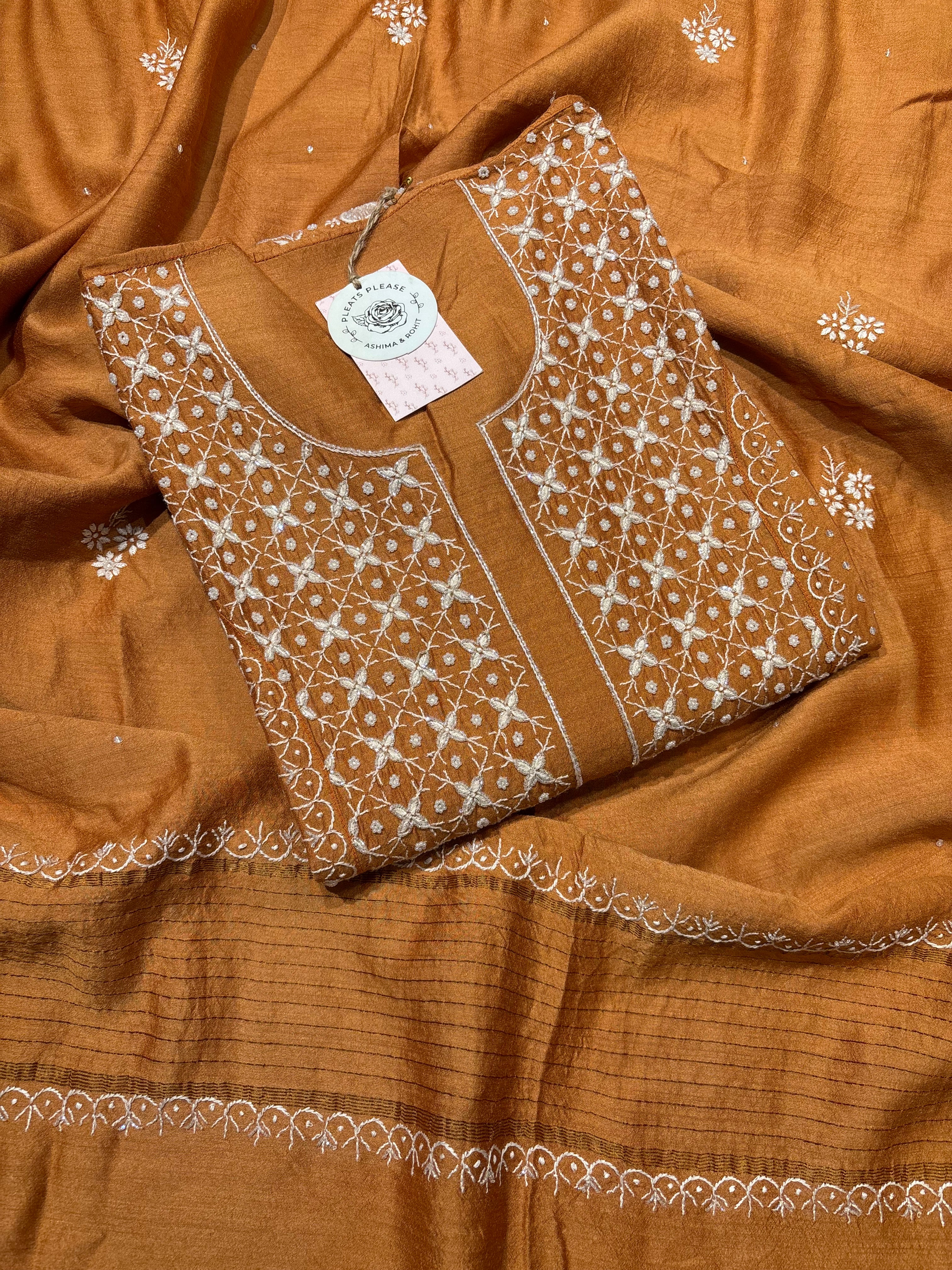 Burnt Orange Pure Monga Silk Chikankari Kurta and Dupatta