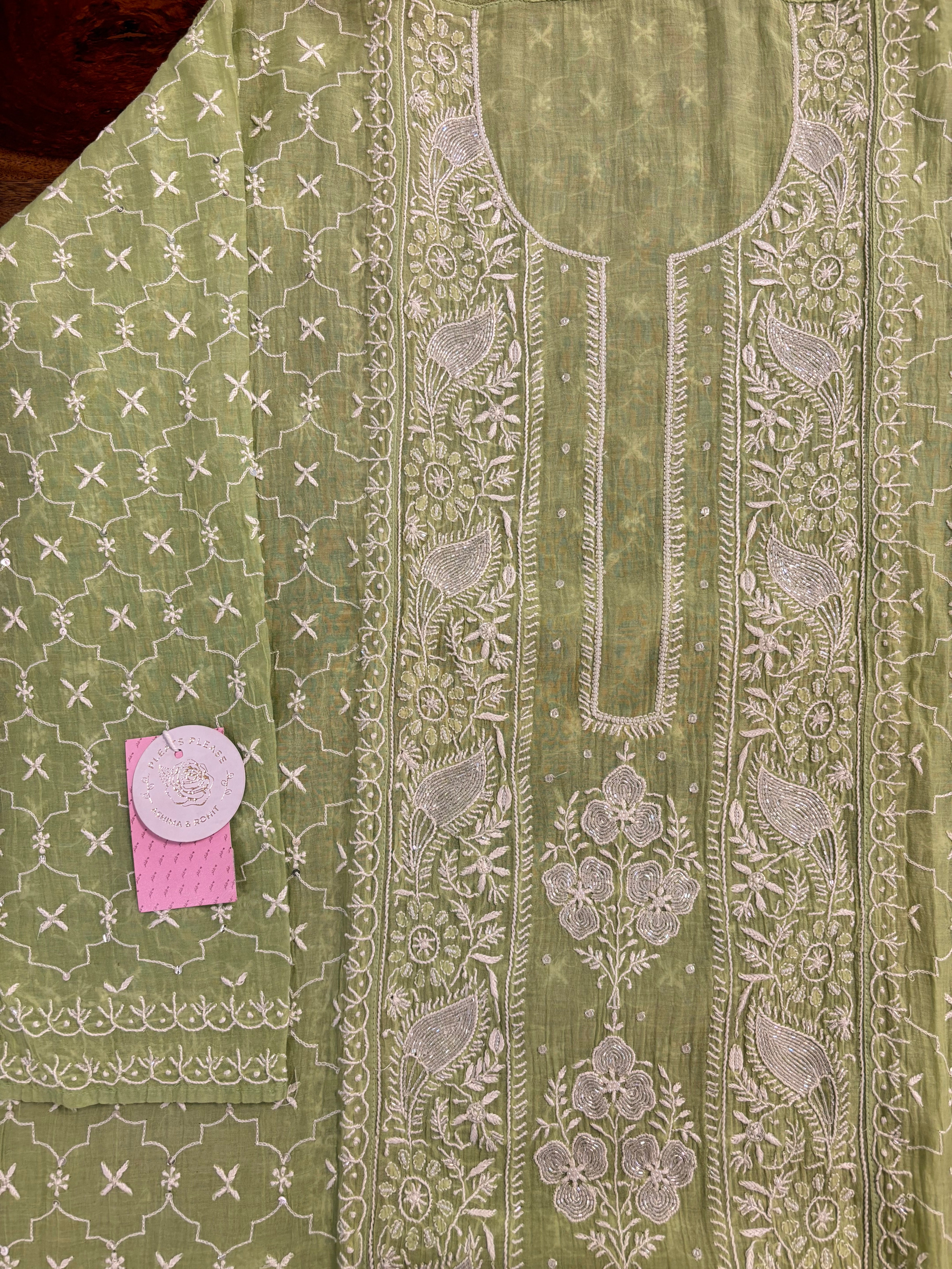 Green Chanderi Chikankari Kurta & Dupatta