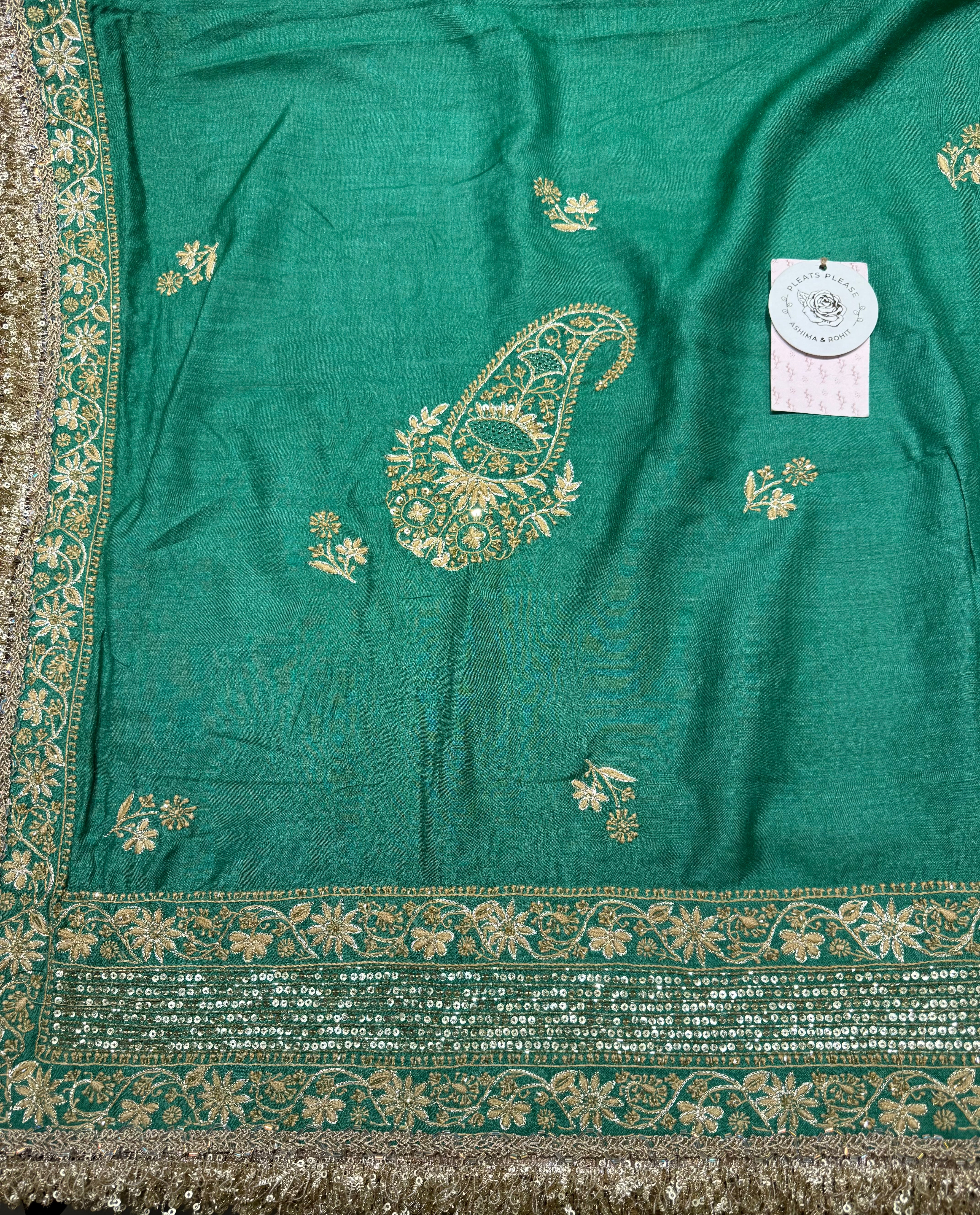 Emerald Green Monga Silk Chikankari A-Line Anarkali & Dupatta Set
