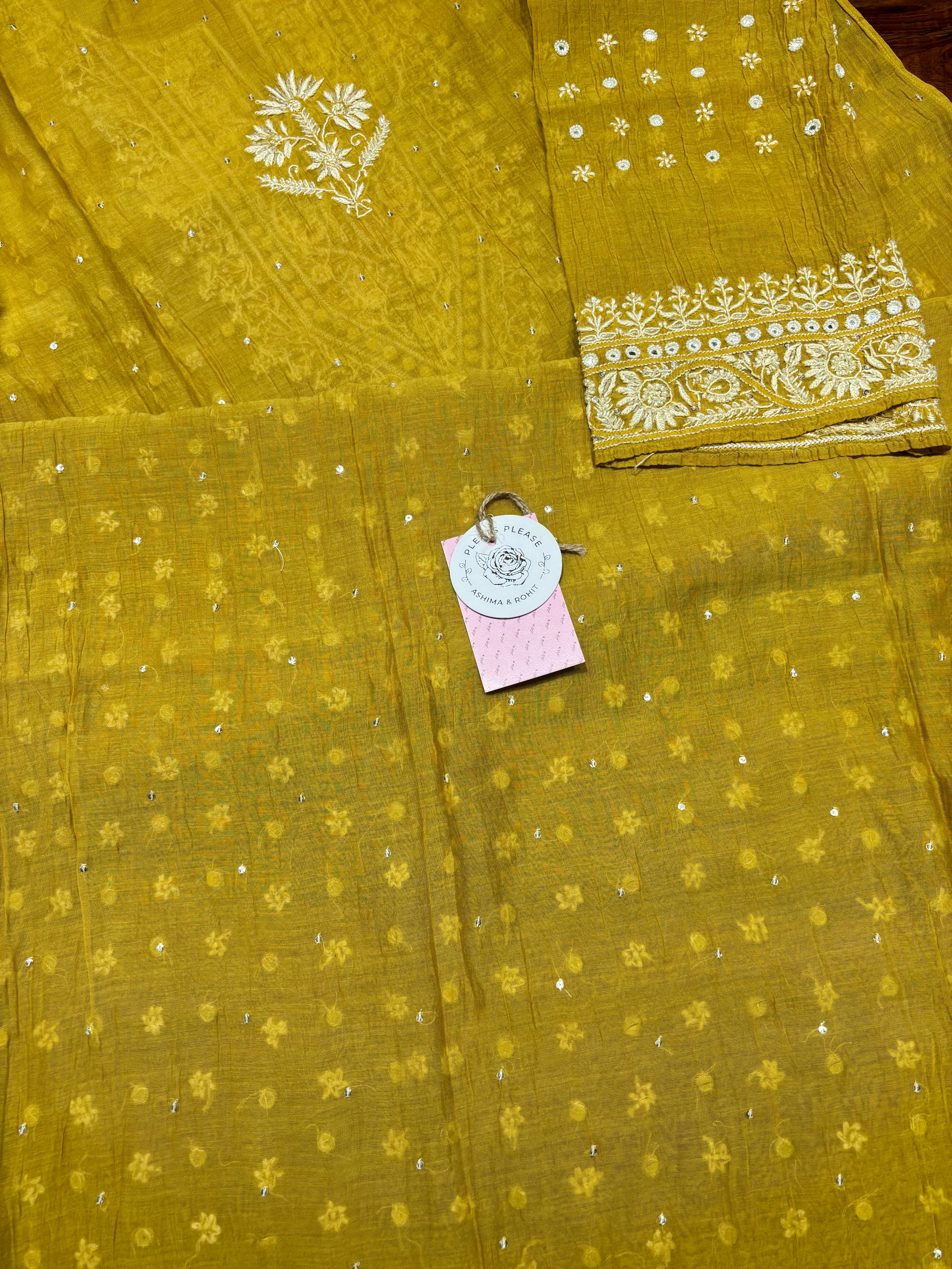 Mustard Chanderi Mul Chikankari Kurta and Dupatta Set