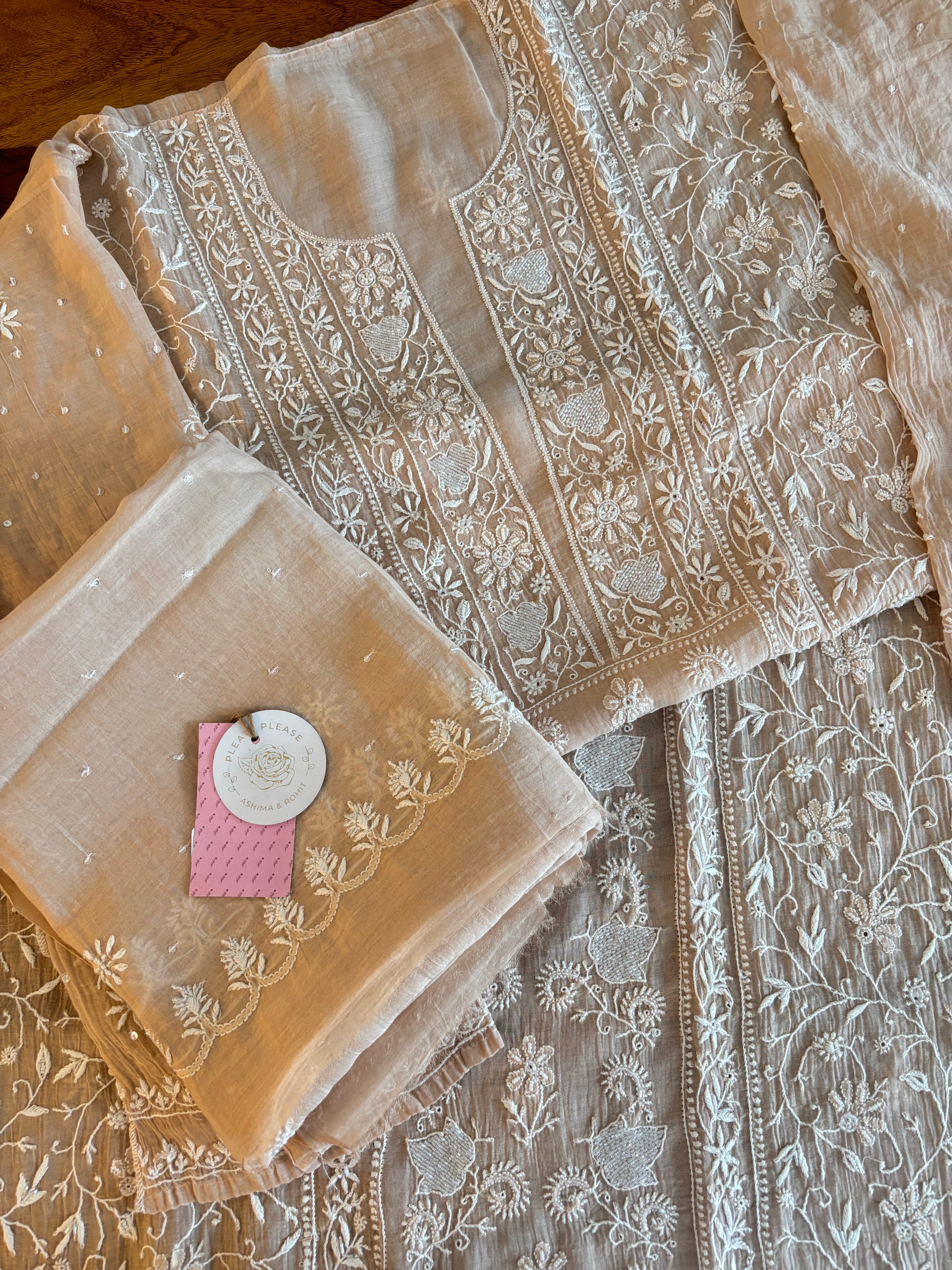 Blush Cream Chanderi Chikankari Kurta & Dupatta