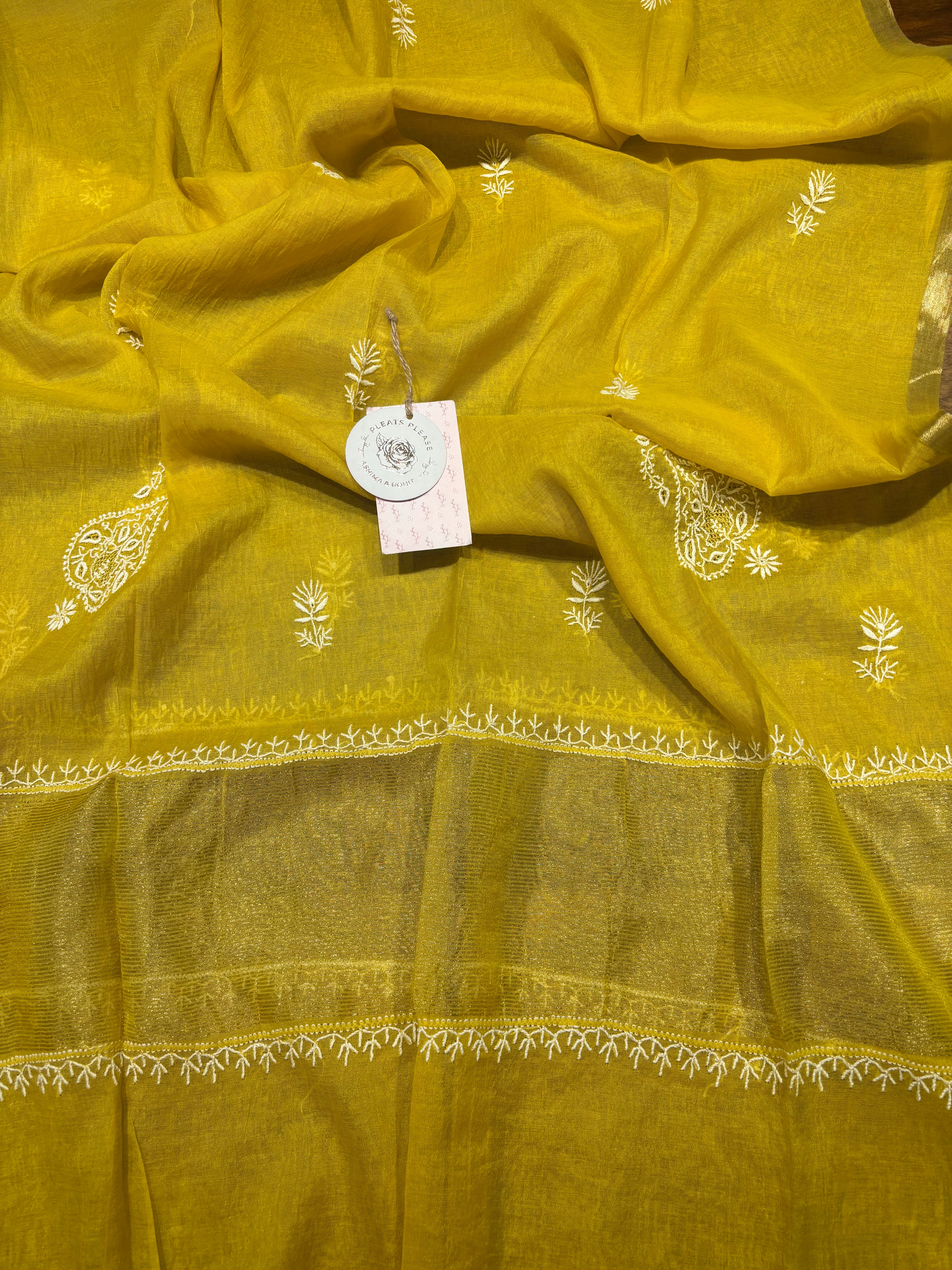 Yellow Chanderi Silk Chikankari Kurta & Dupatta Fabric