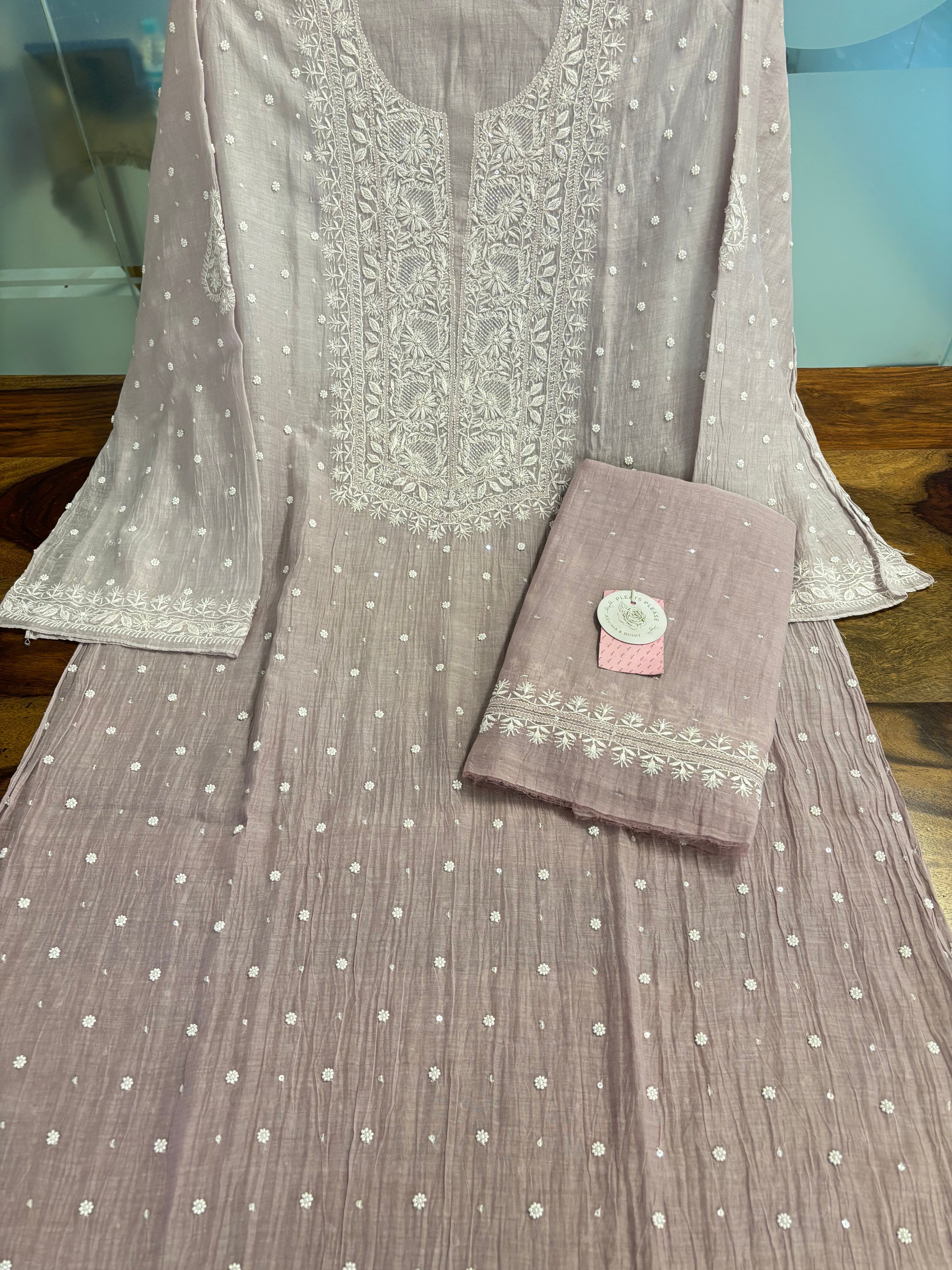 Dusky Lilac Pure Chanderi Ombre Chikankari Kurta & Dupatta Set