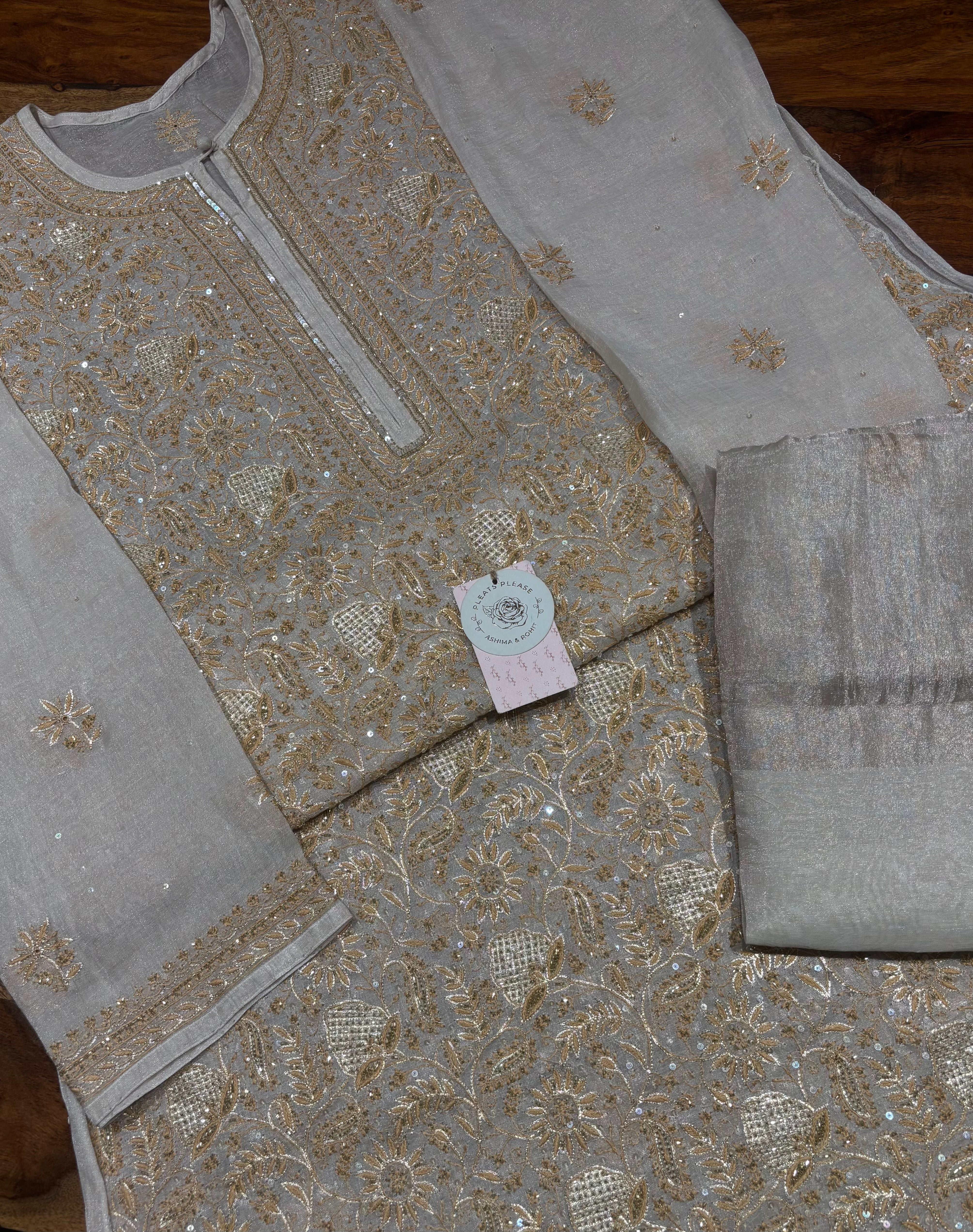 Dyeable Pure & Premium Silver Tissue Chikankari Kurta & Dupatta Set