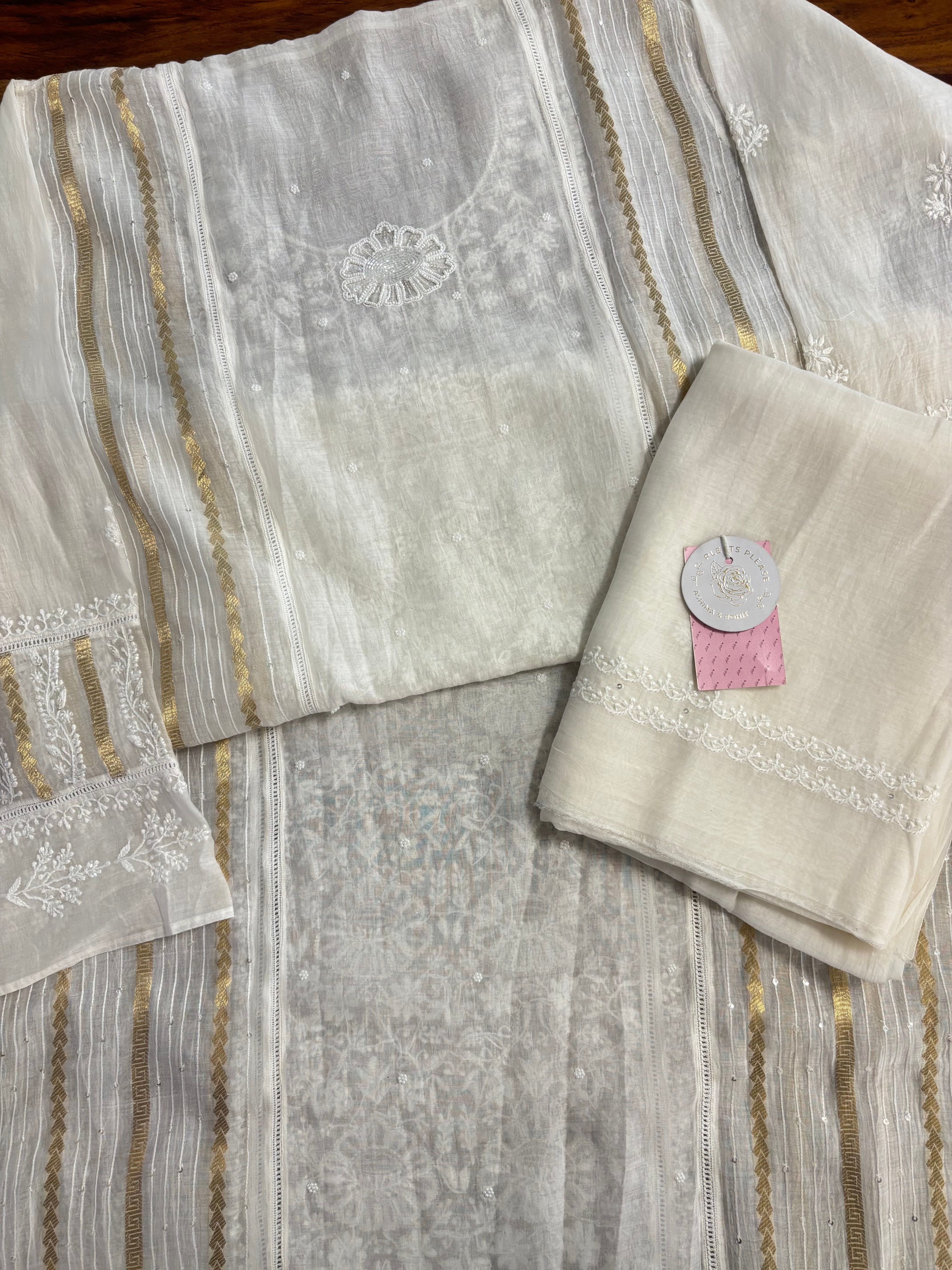 Dyeable Chanderi Mul Chikankari Kurta & Dupatta With Banarasi Weave