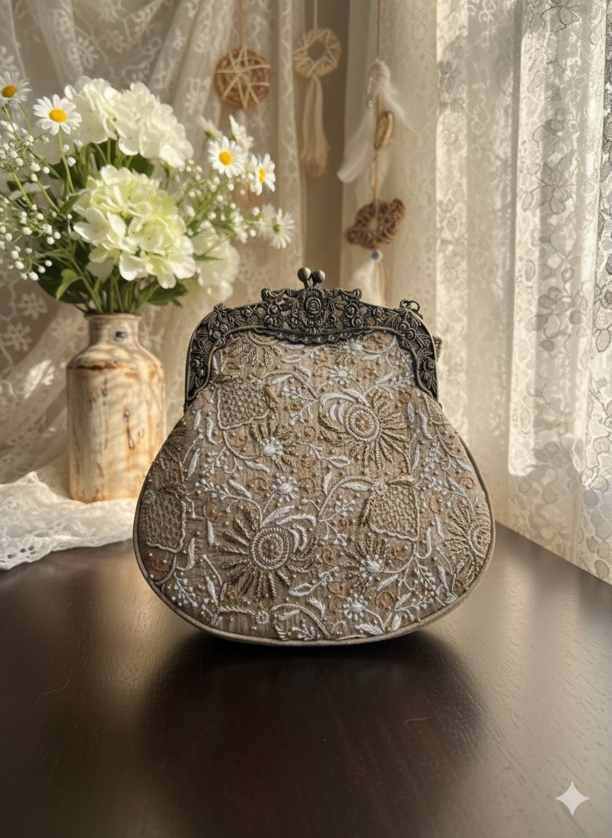 Beige Chikankari Clutch Bag