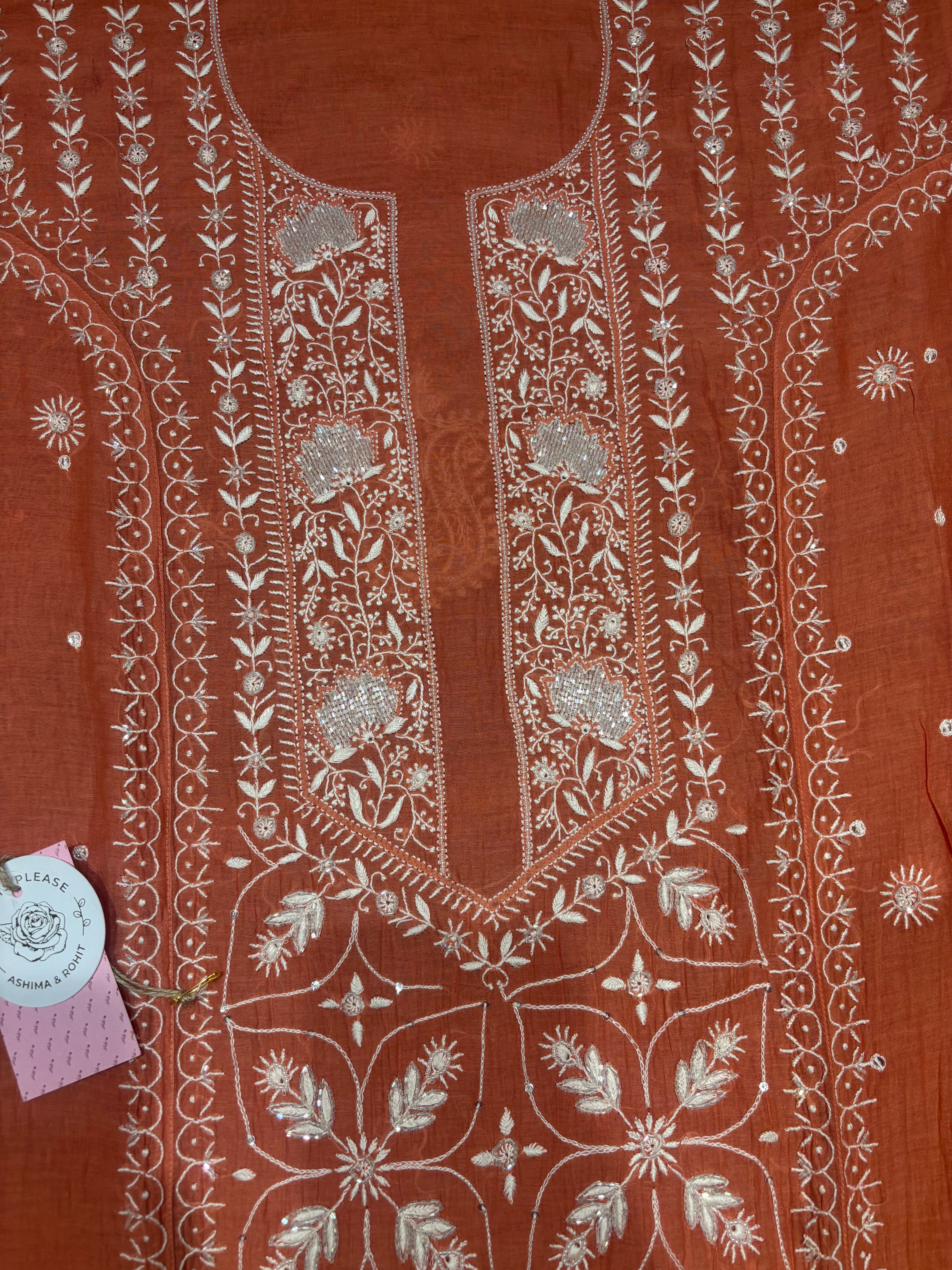 Coral Chanderi Mul Chikankari Kurta and Dupatta Set
