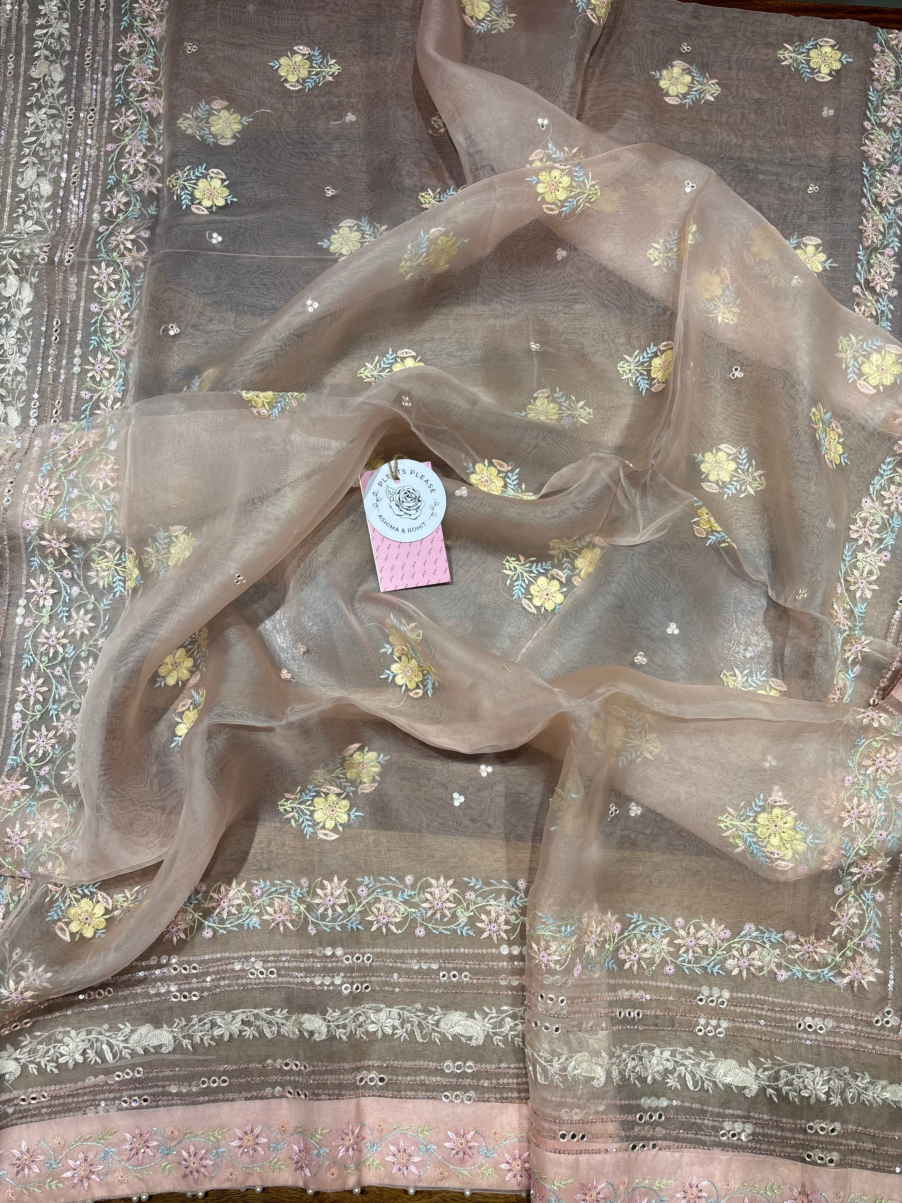 Peach Pure & Premium Organza Silk Chikankari Kurta & Dupatta Fabric