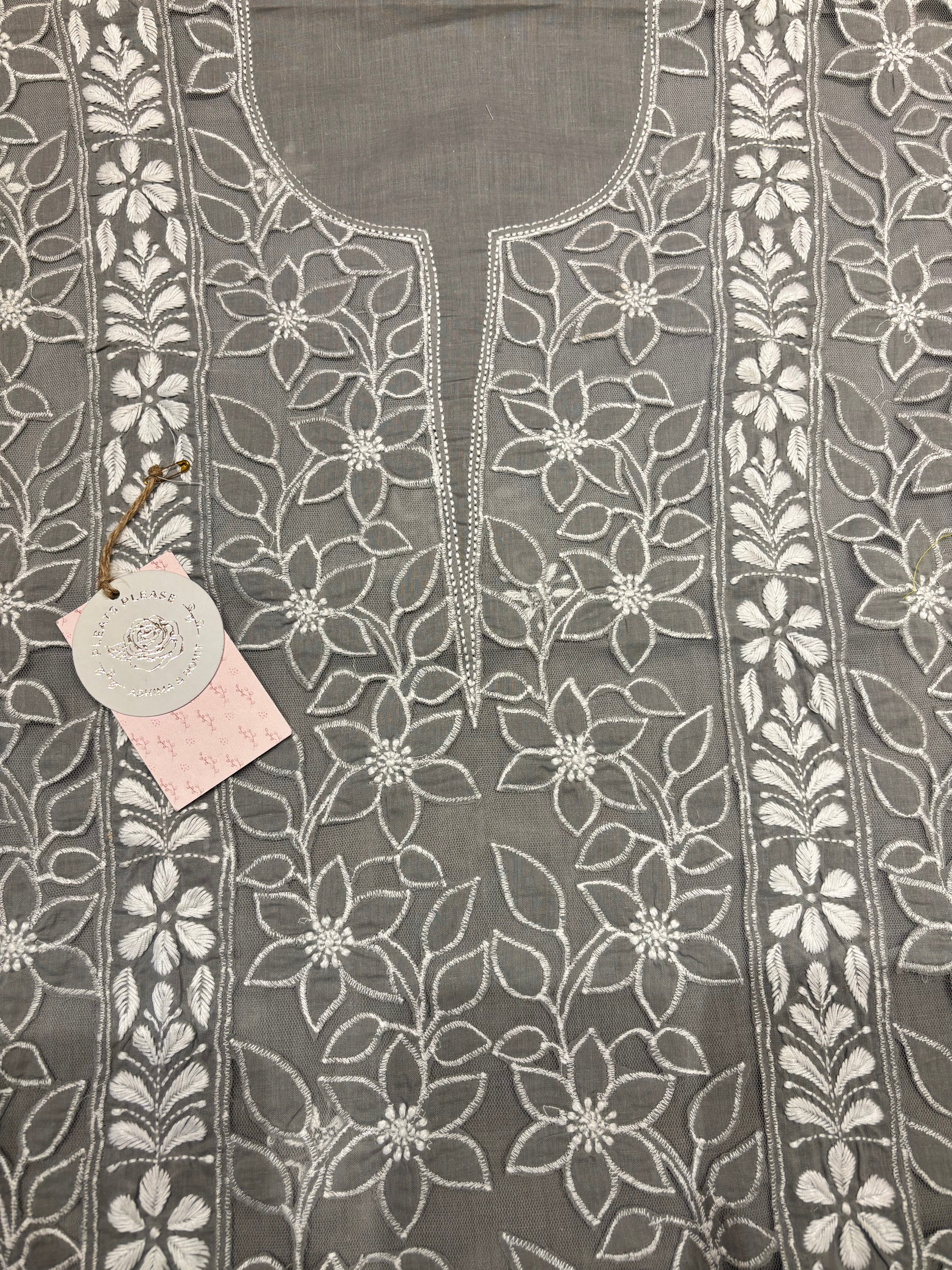 Gray Mul Soft Net Applique Chikankari Kurta and Dupatta Fabric