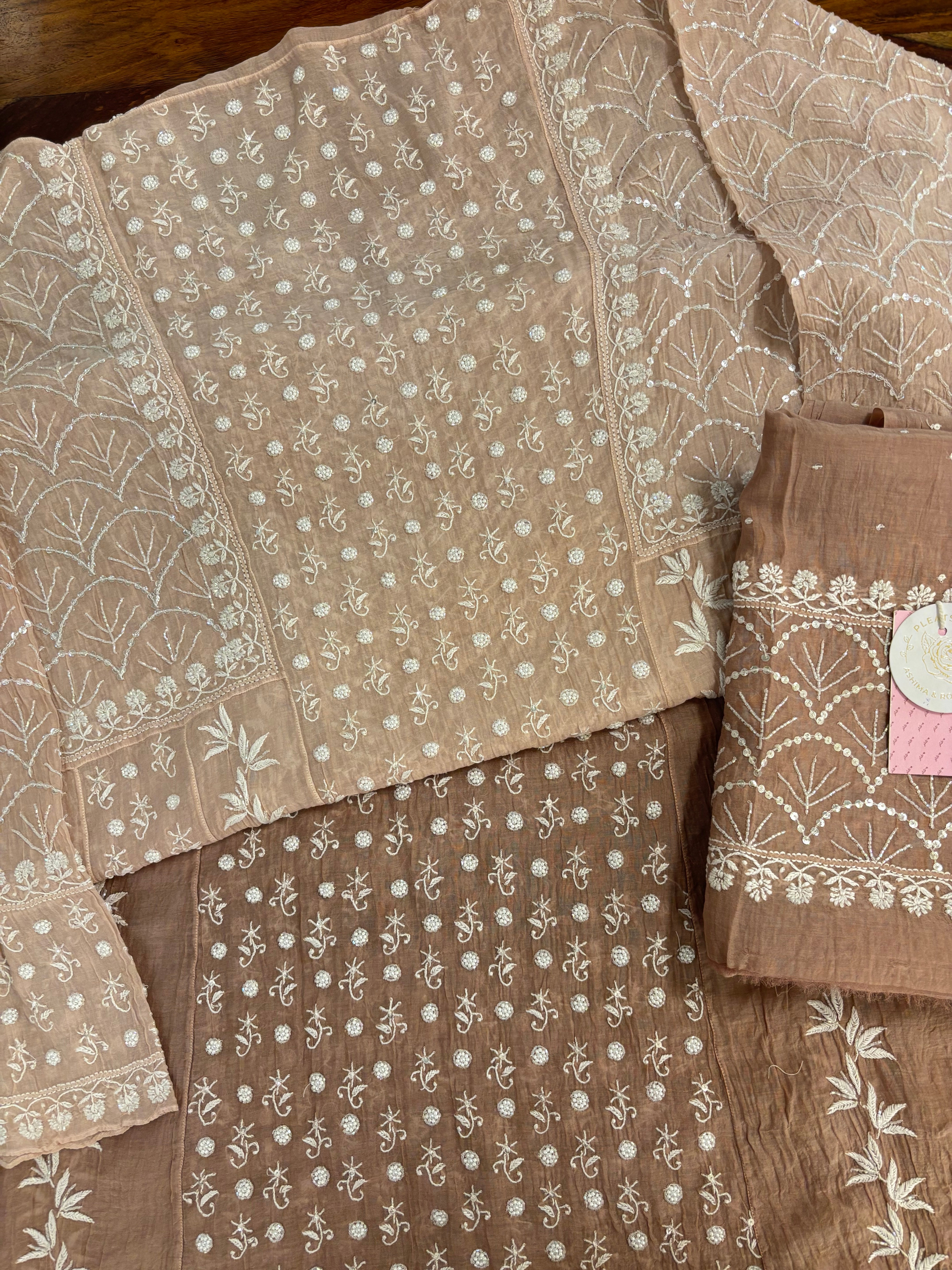 Rosewood Taupe Ombré Chanderi Mul Chikankari Anarkali & Dupatta Set