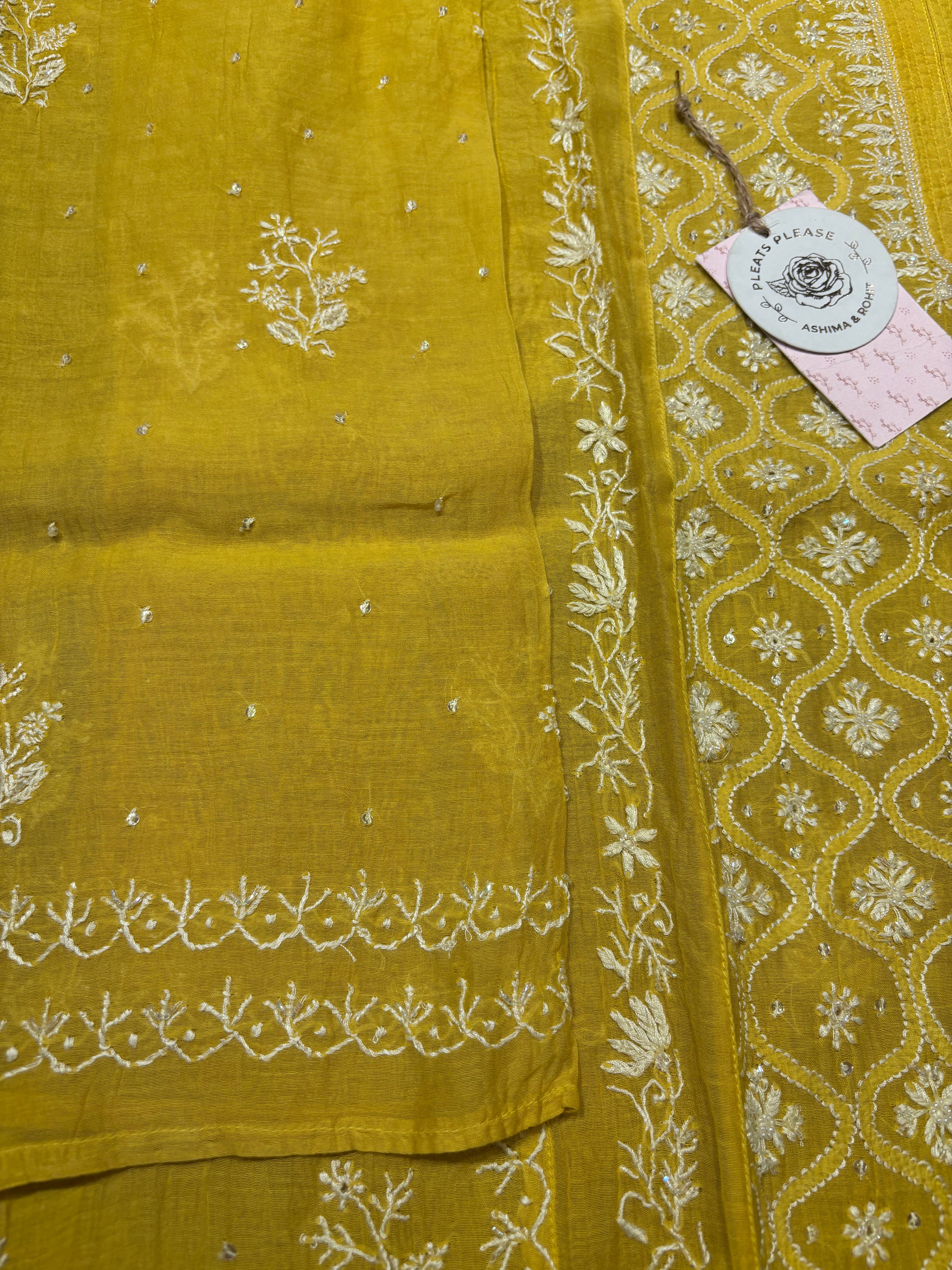 Yellow Chanderi Mul Chikankari kalidar Kurta and Dupatta set