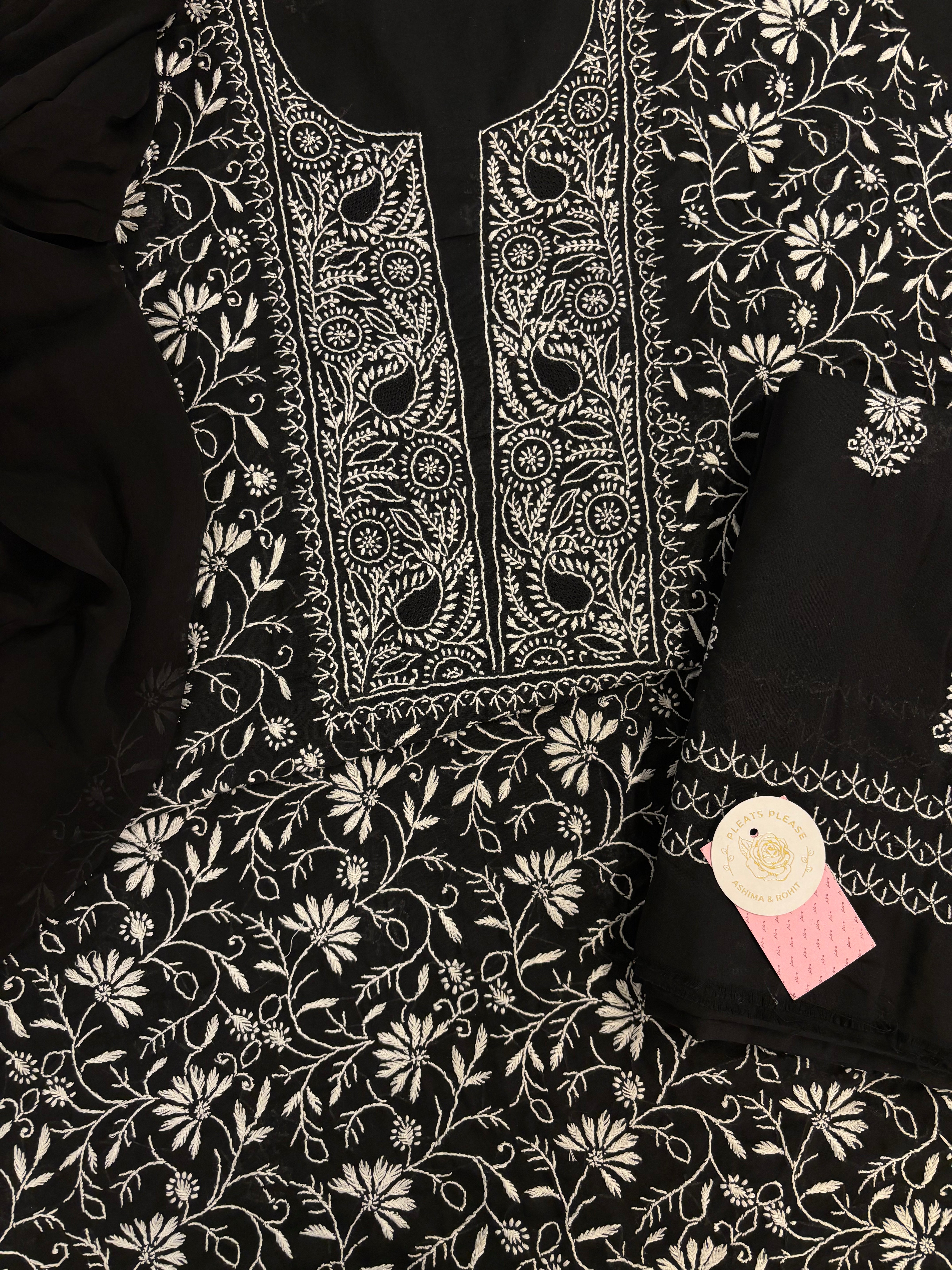 Black Cotton Chikankari Kurta, Dupatta With Bottom