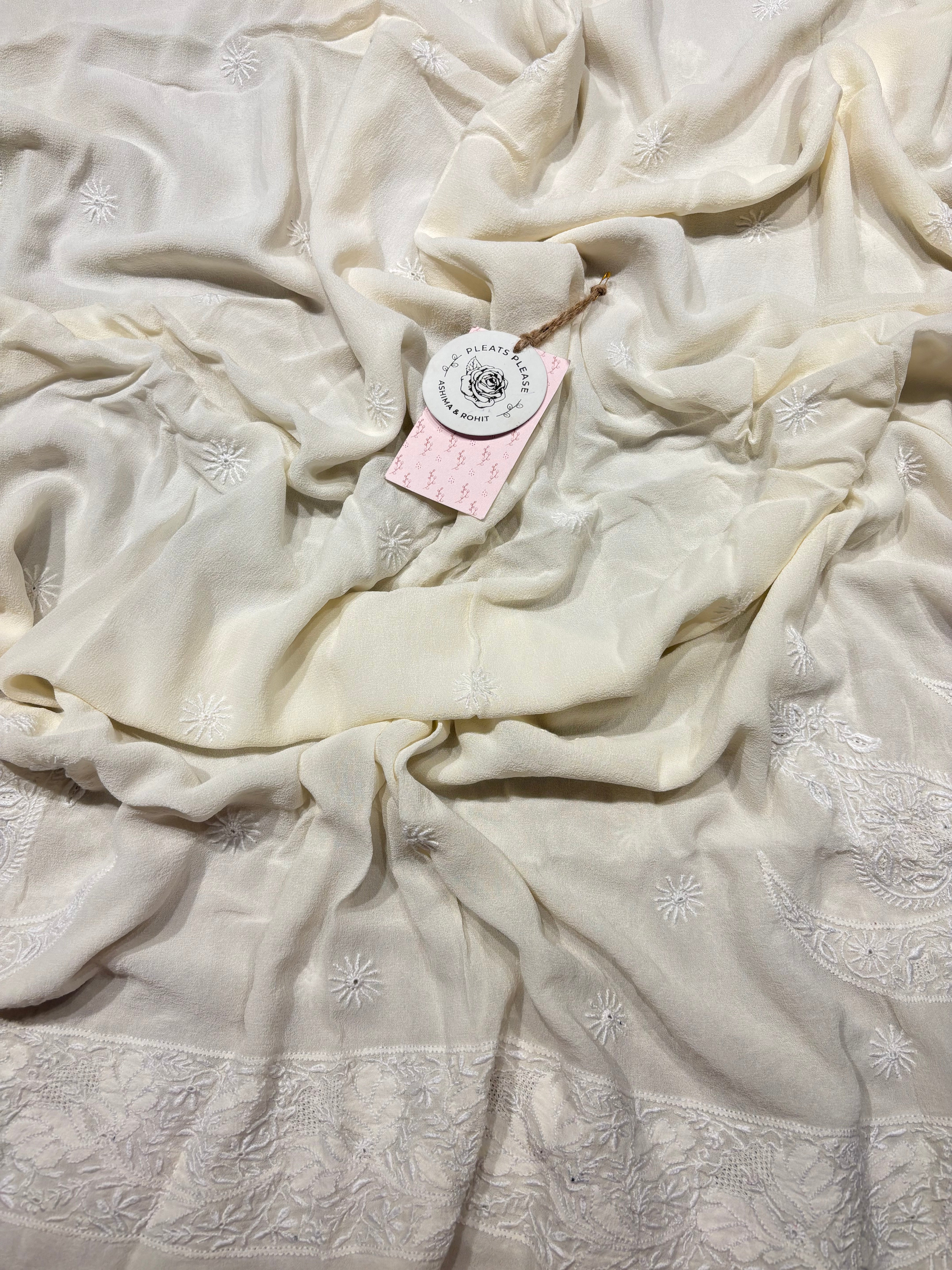 Off White Pure And Premium Georgette Chikankari Anarkali And Dupatta Set