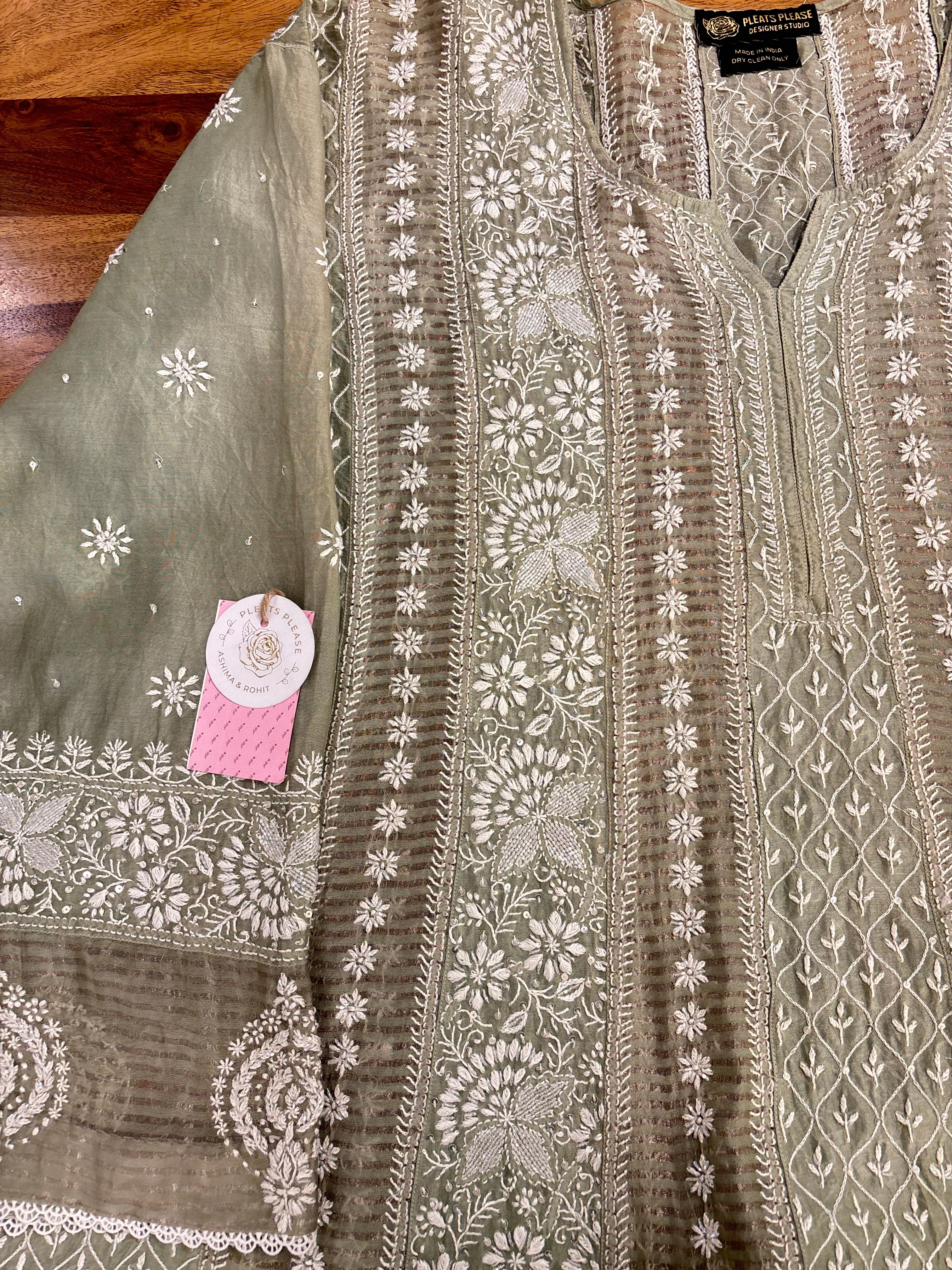 Olive Green Ombré Chanderi Chikankari Anarkali & Dupatta Set