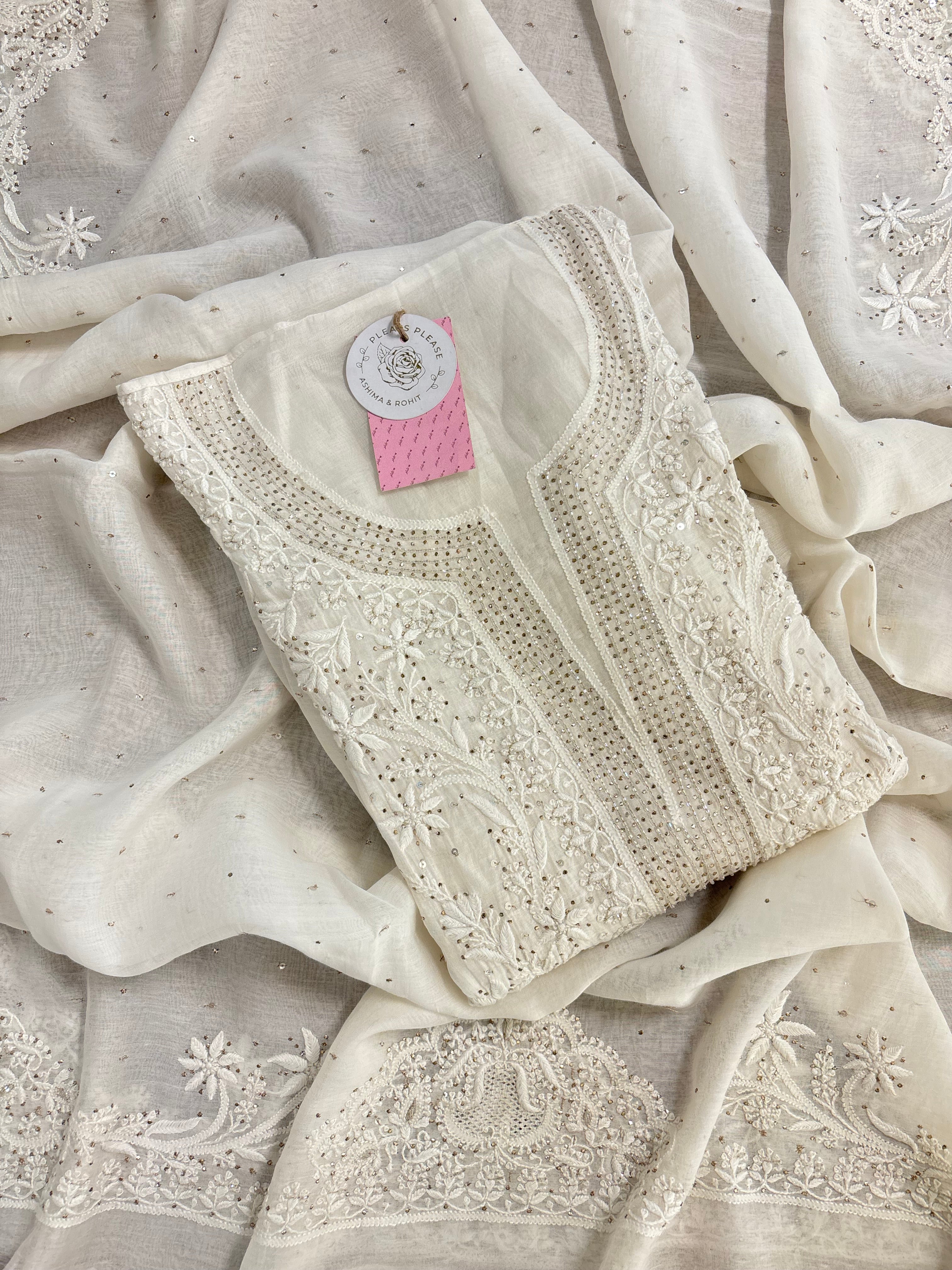 Dyeable Chanderi Mul Mukaish Chikankari Kurta & Dupatta