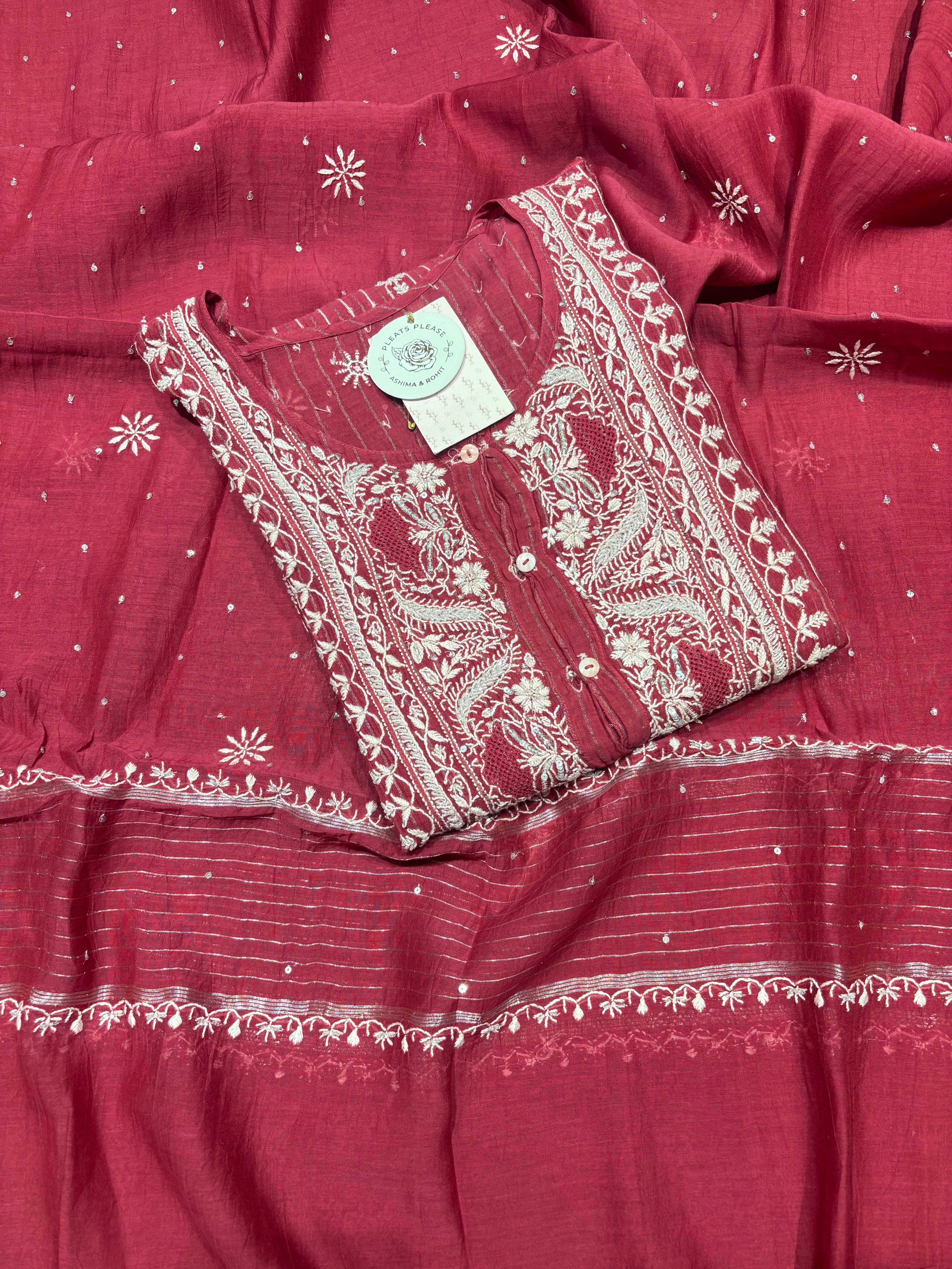 Beetroot Red Chanderi Mul Chikankari Kurta & Dupatta Set