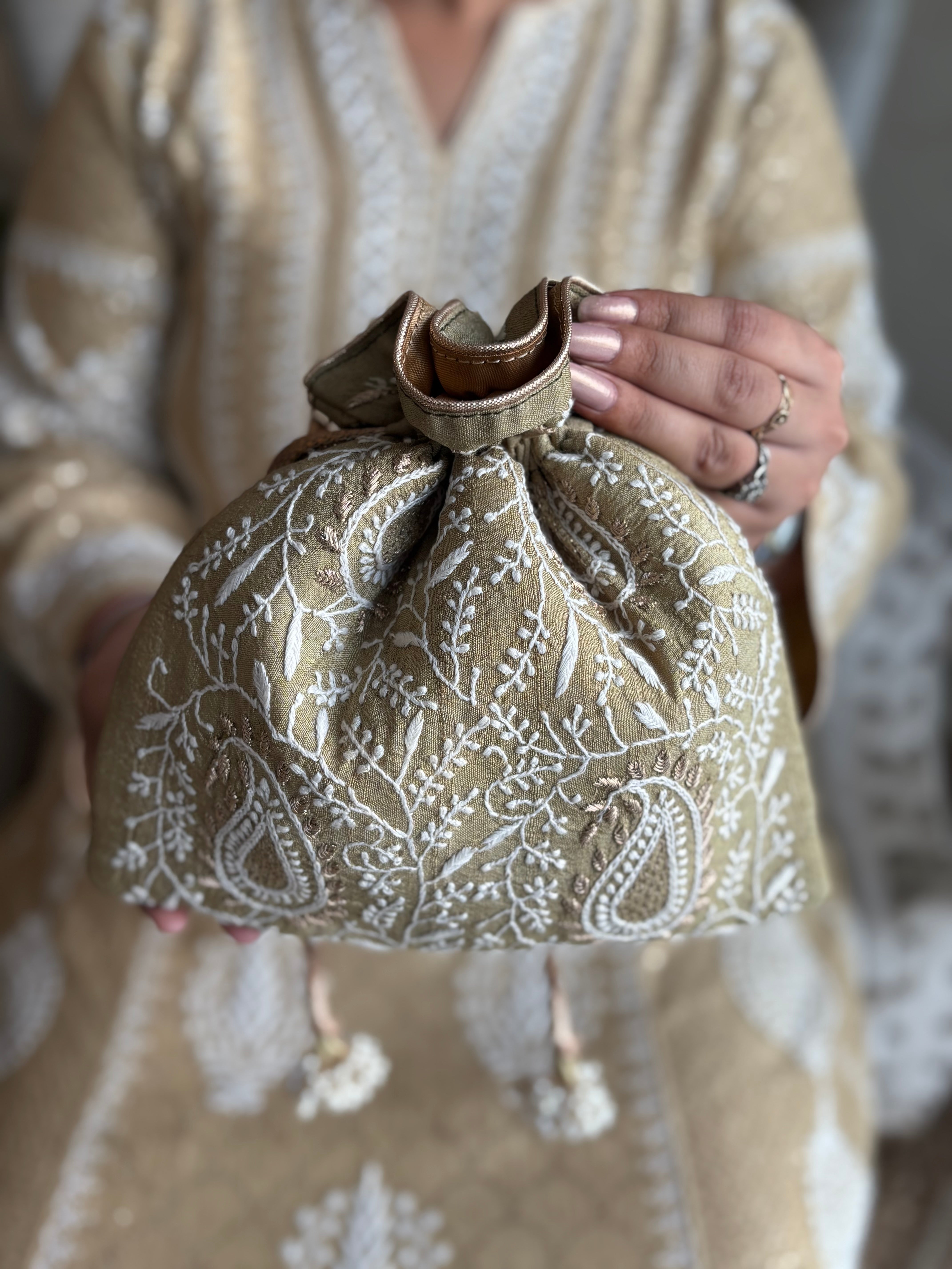 Olive Silk Chikankari Potli