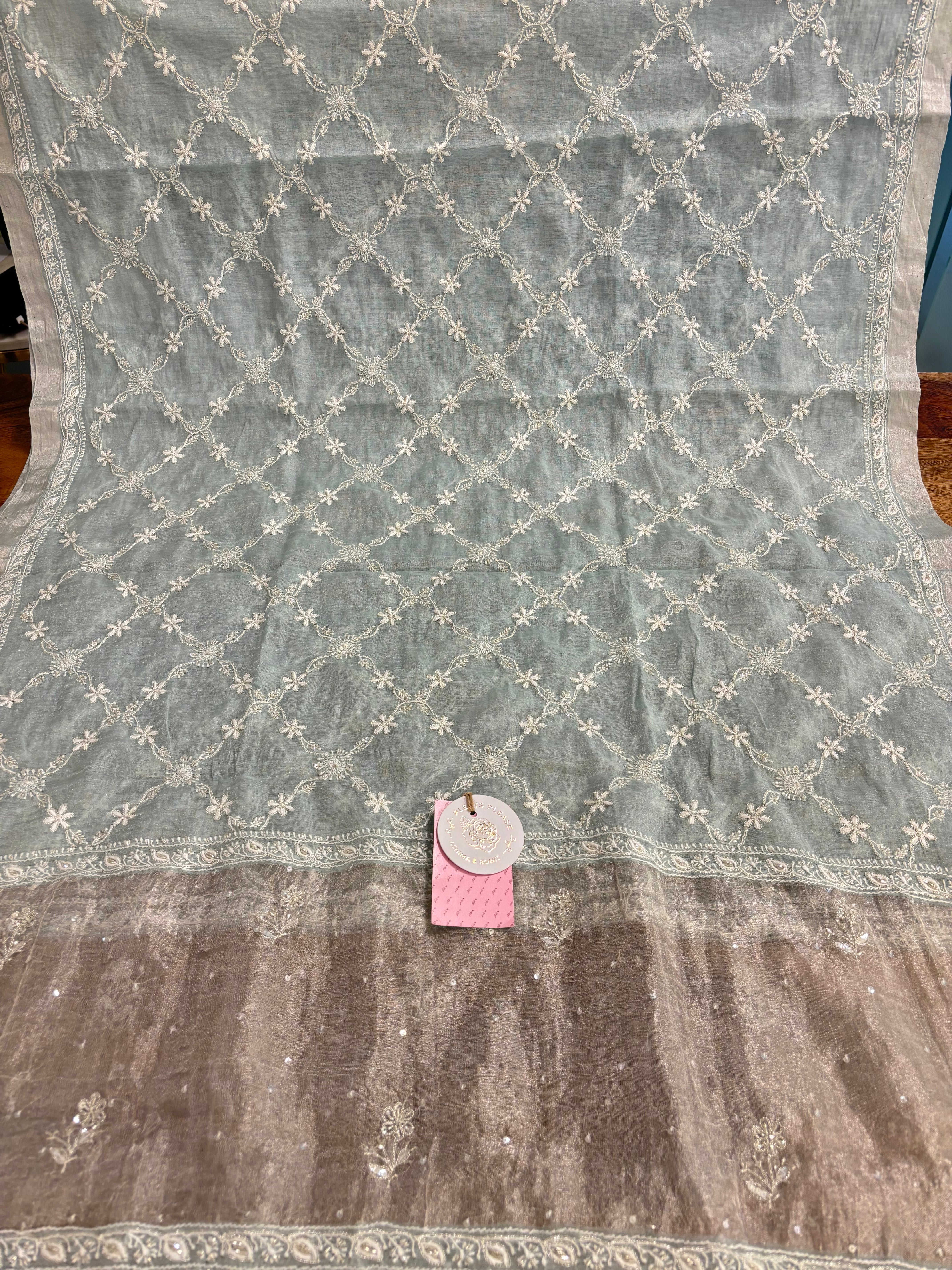 Pastel Sage Green Pure & Premium Tissue Chikankari Kurta & Dupatta