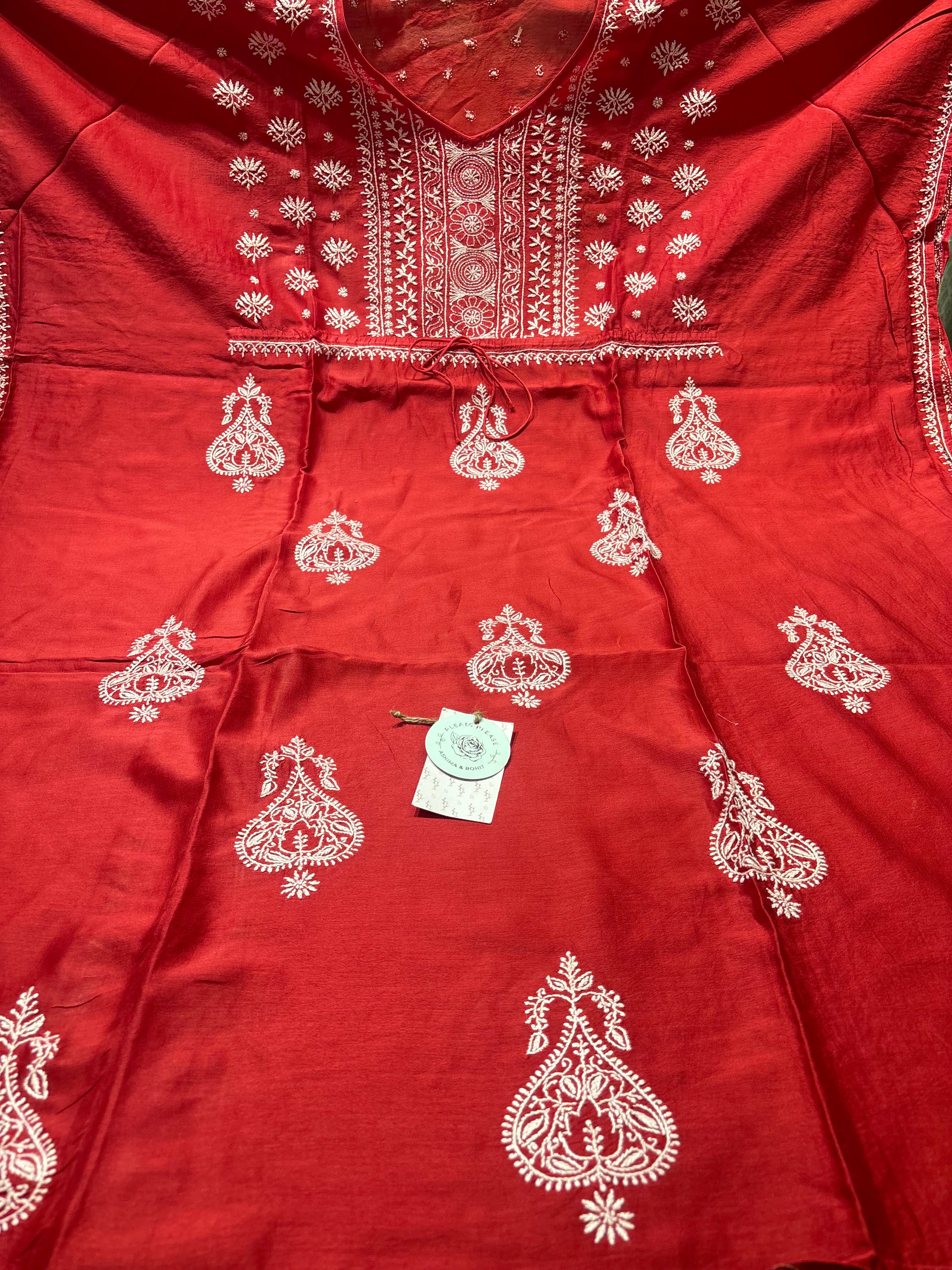 Red Chanderi Silk Chikankari Kaftan