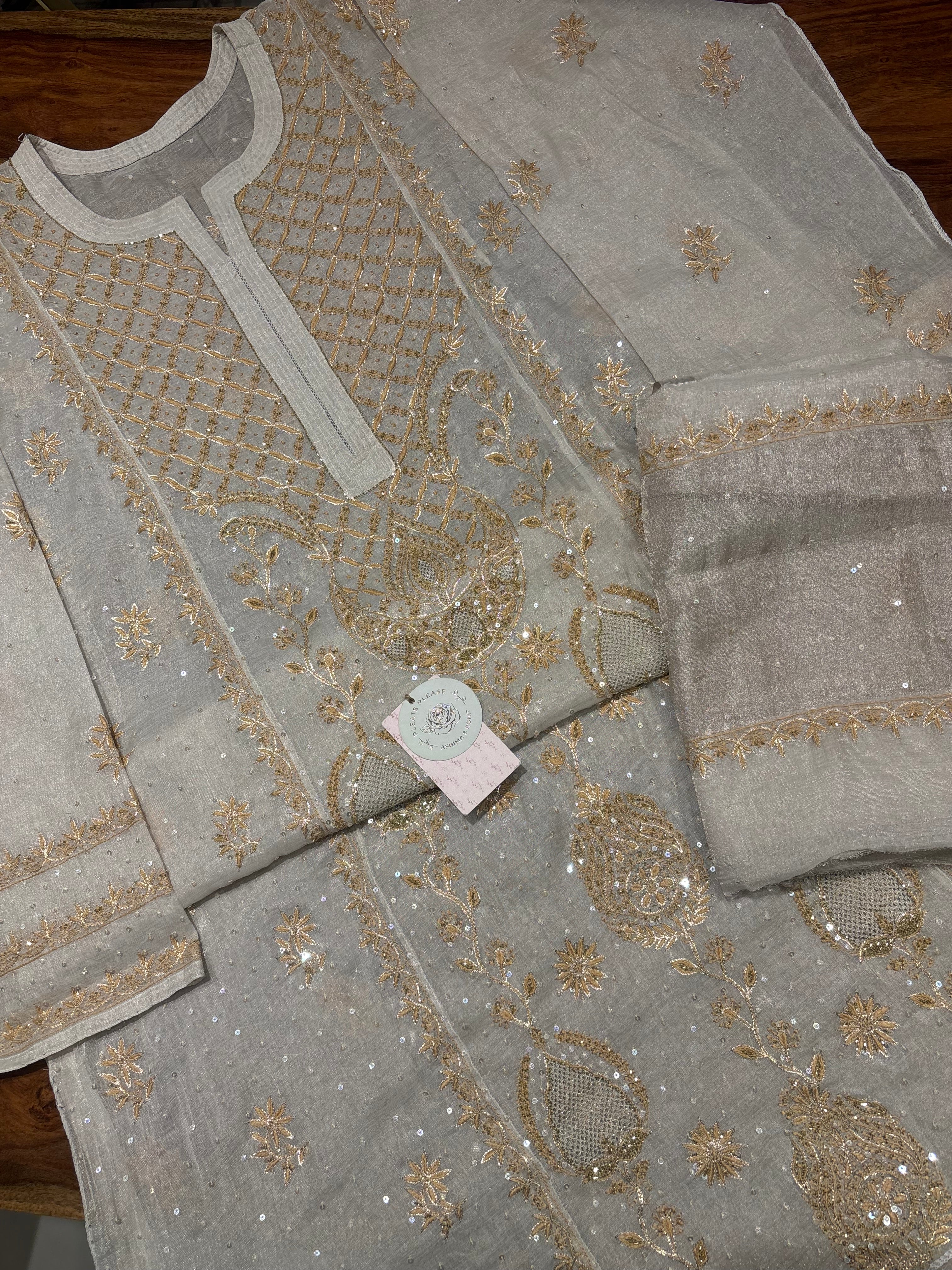 Dyeable Pure & Premium Silver Tissue Chikankari Kurta & Dupatta Set