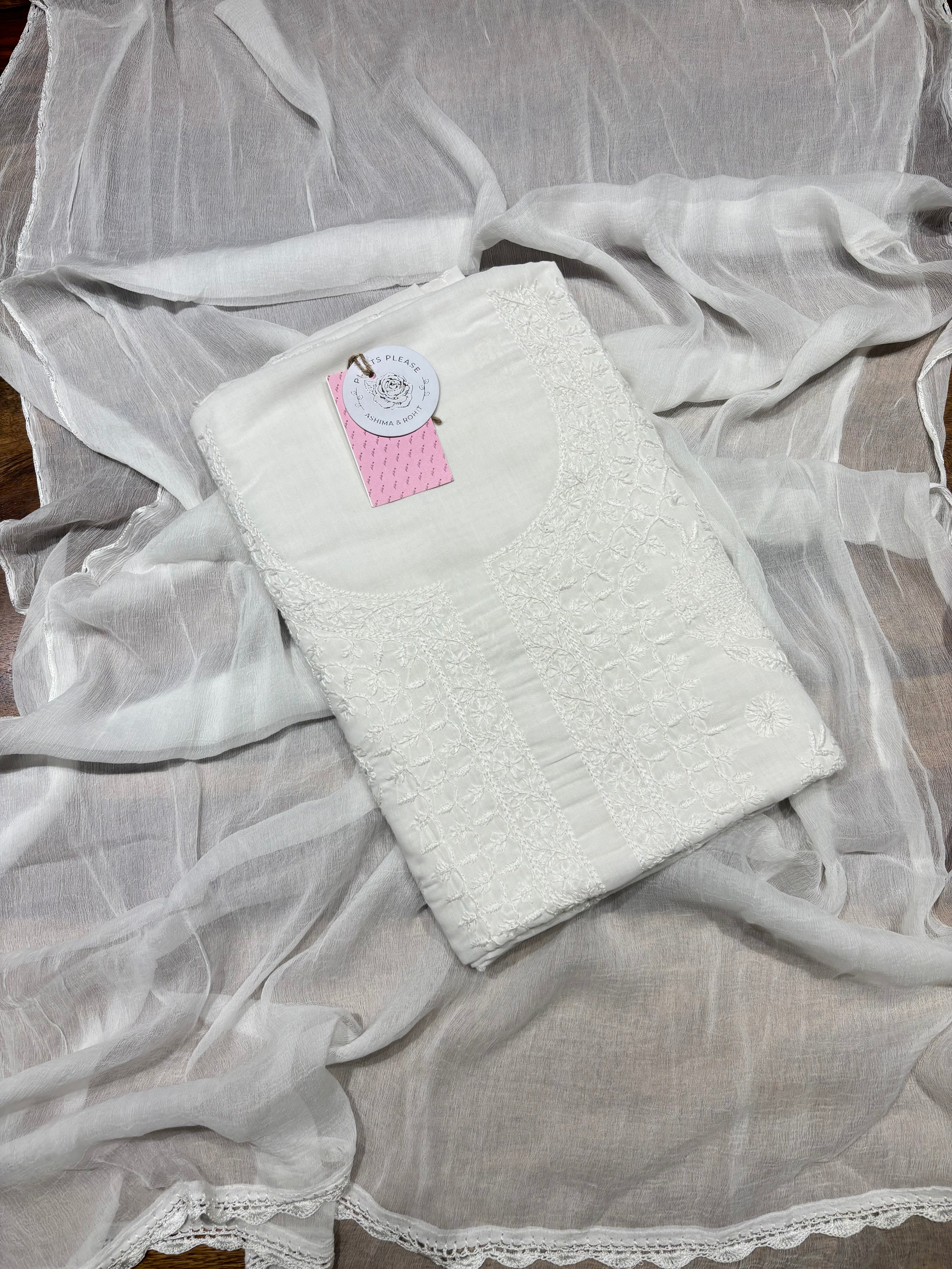 Dyeable Mulmul Chikankari Kurta, Dupatta & Bottom Fabric
