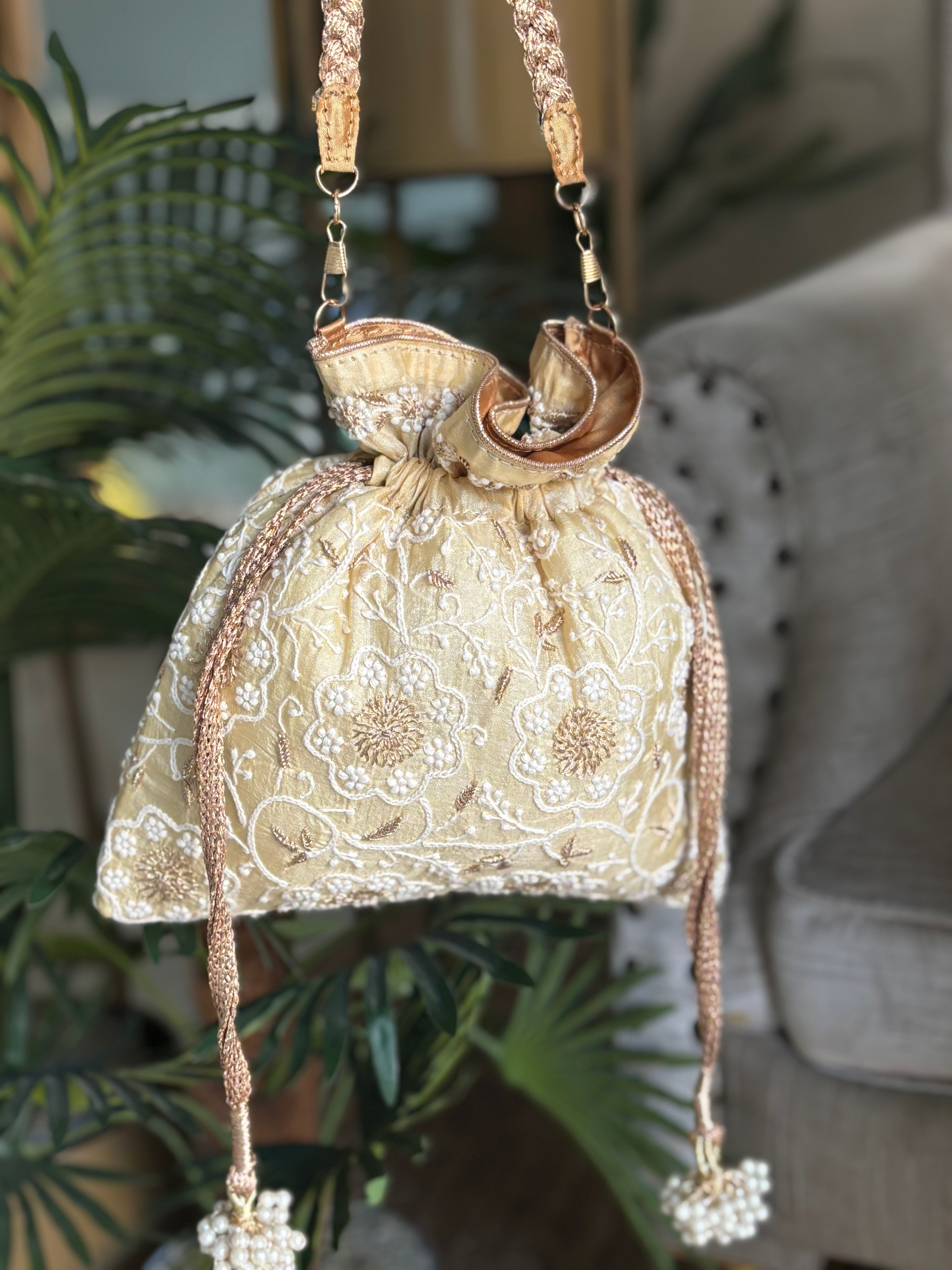 Lemon Yellow Chikankari Silk  Potli