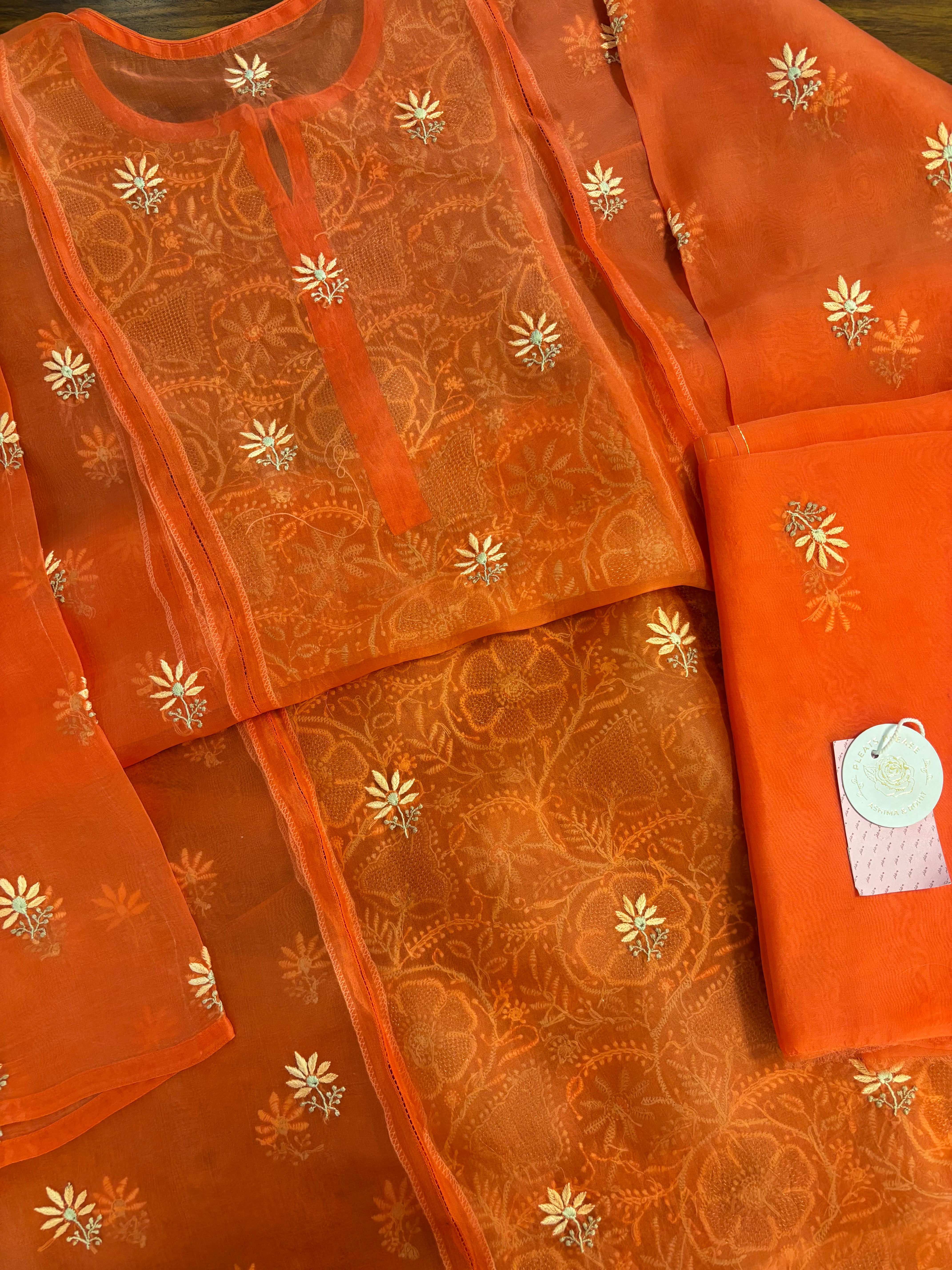Burnt Orange Pure Organza Silk Chikankari Kurta & Dupatta
