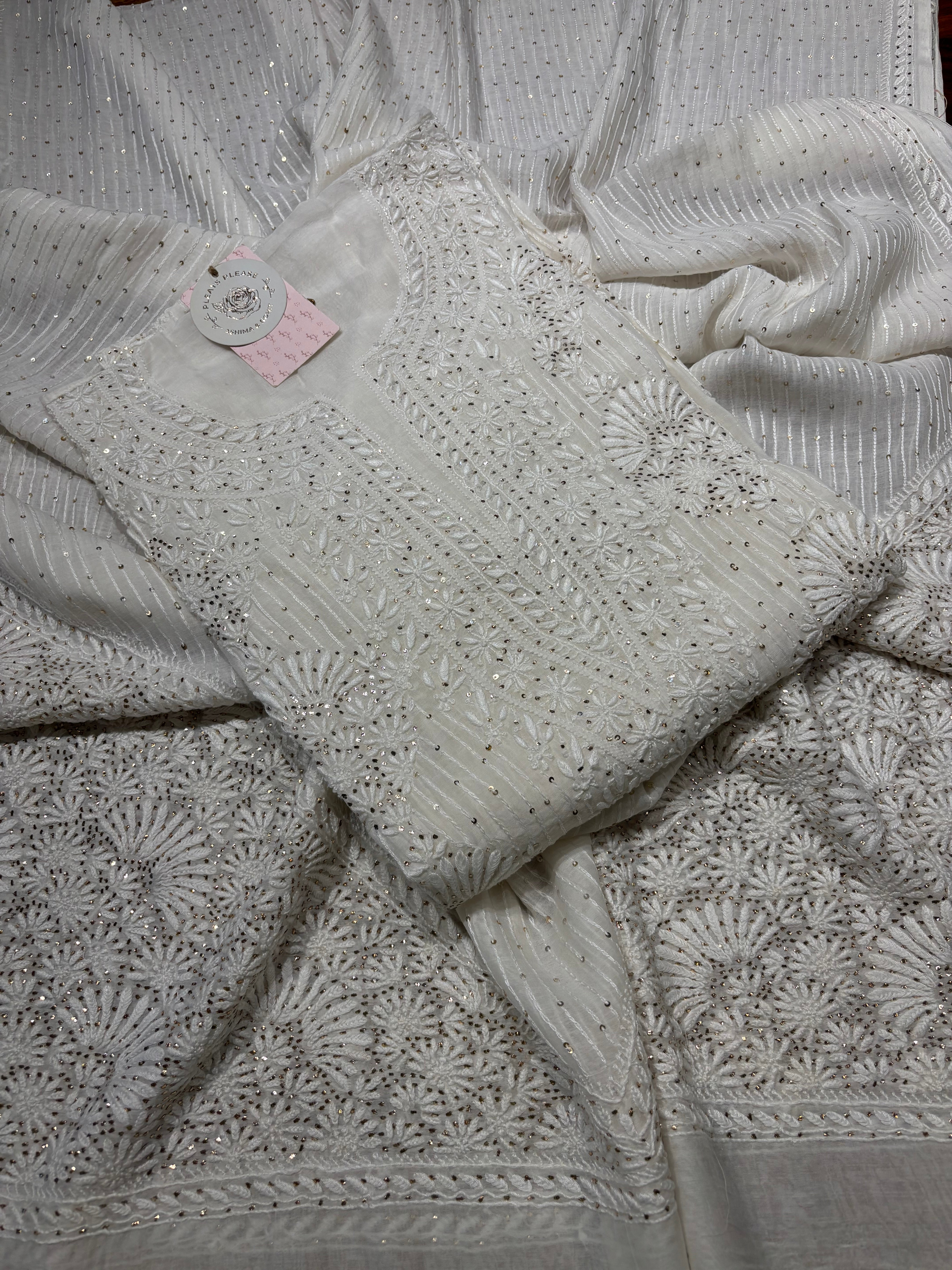Dyeable Chanderi Mul Chikankari & Mukaish Kurta And Dupatta Set