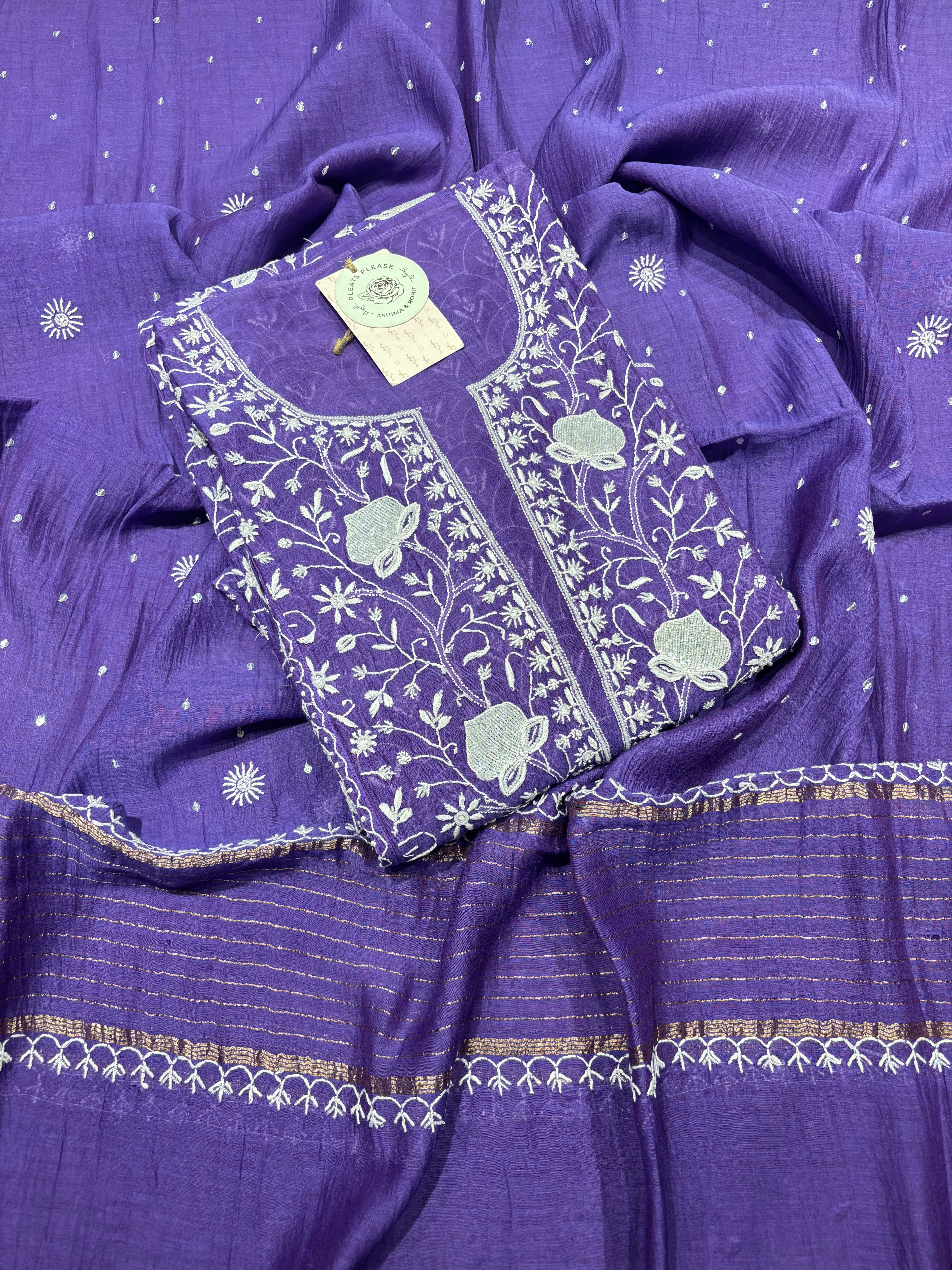 Purple Chanderi Mul Chikankari Kurta & Dupatta Set