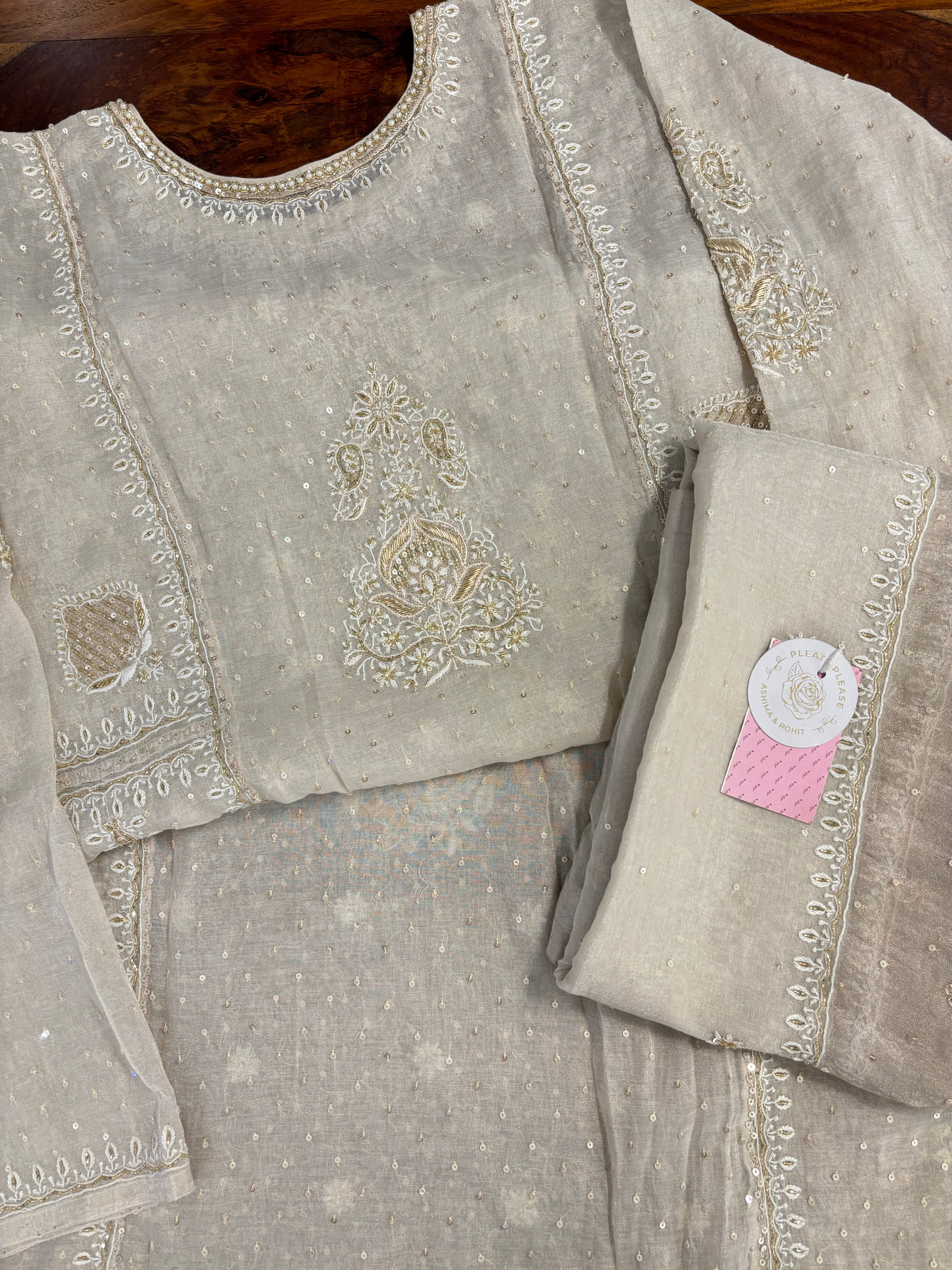Dyeable Pure Silver Tissue Chikankari Kurta & Dupatta