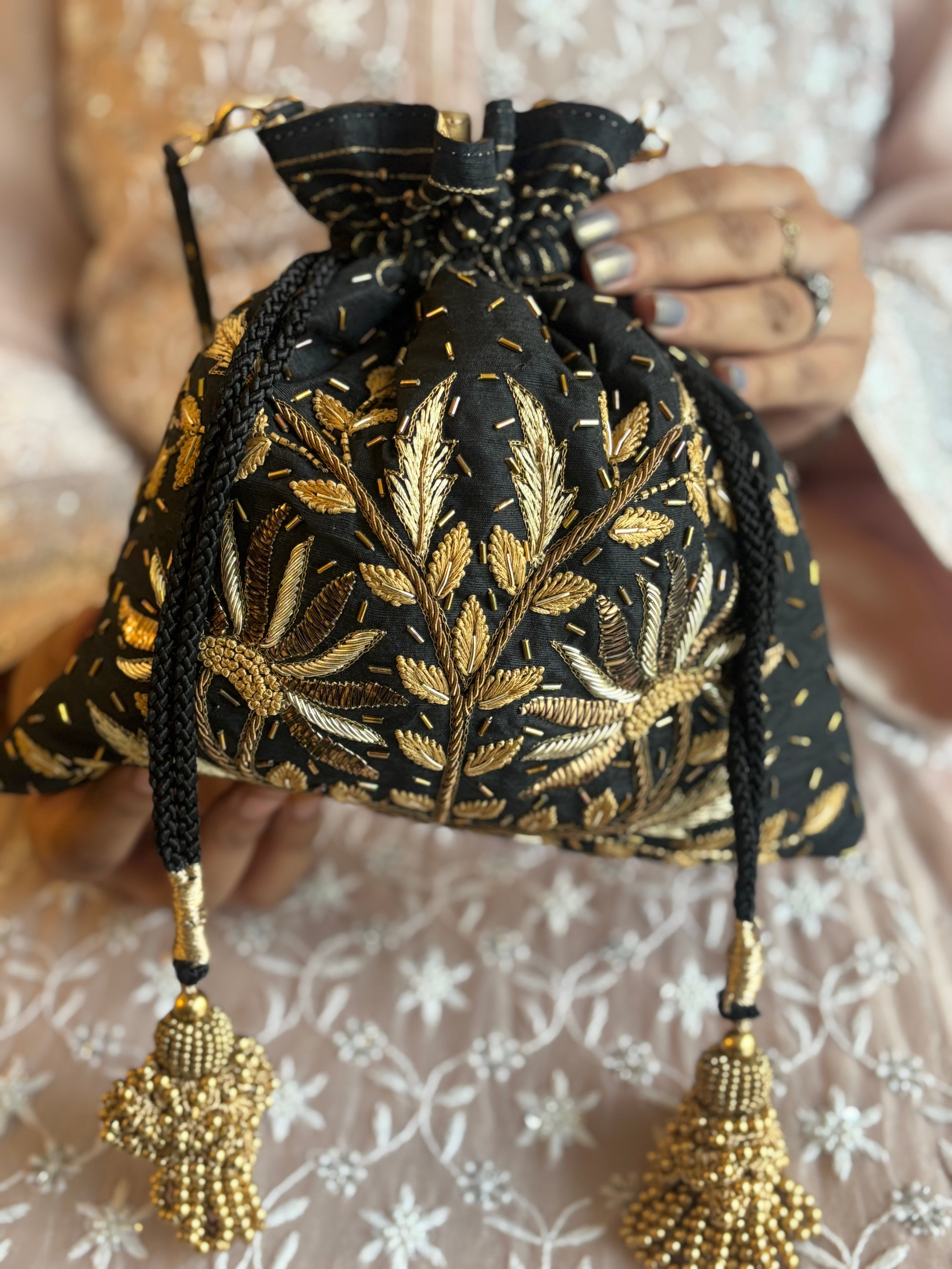 Black Chikankari & Zardozi Potli