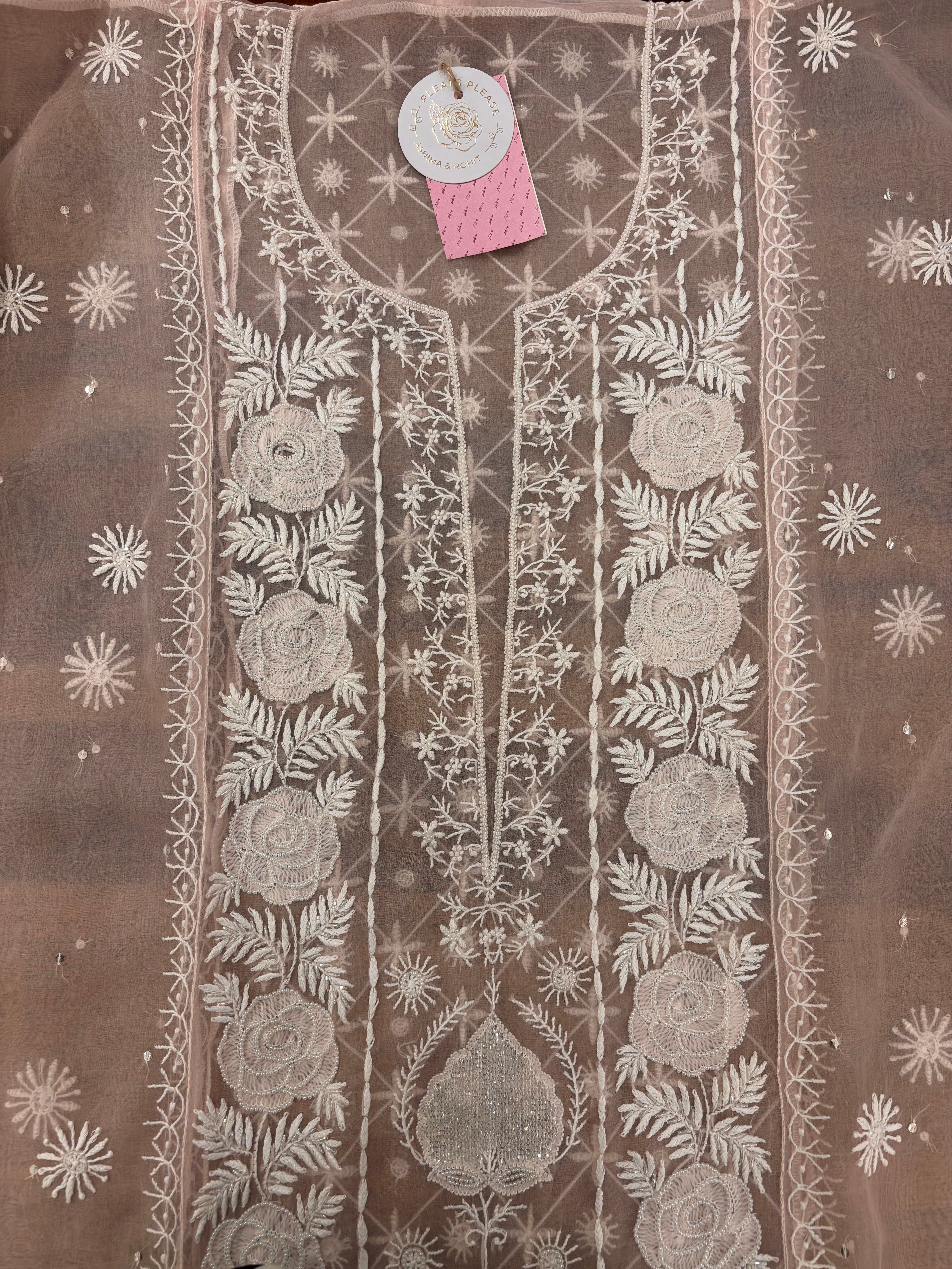 Baby Pink Pure Organza Chikankari Kurta & Dupatta