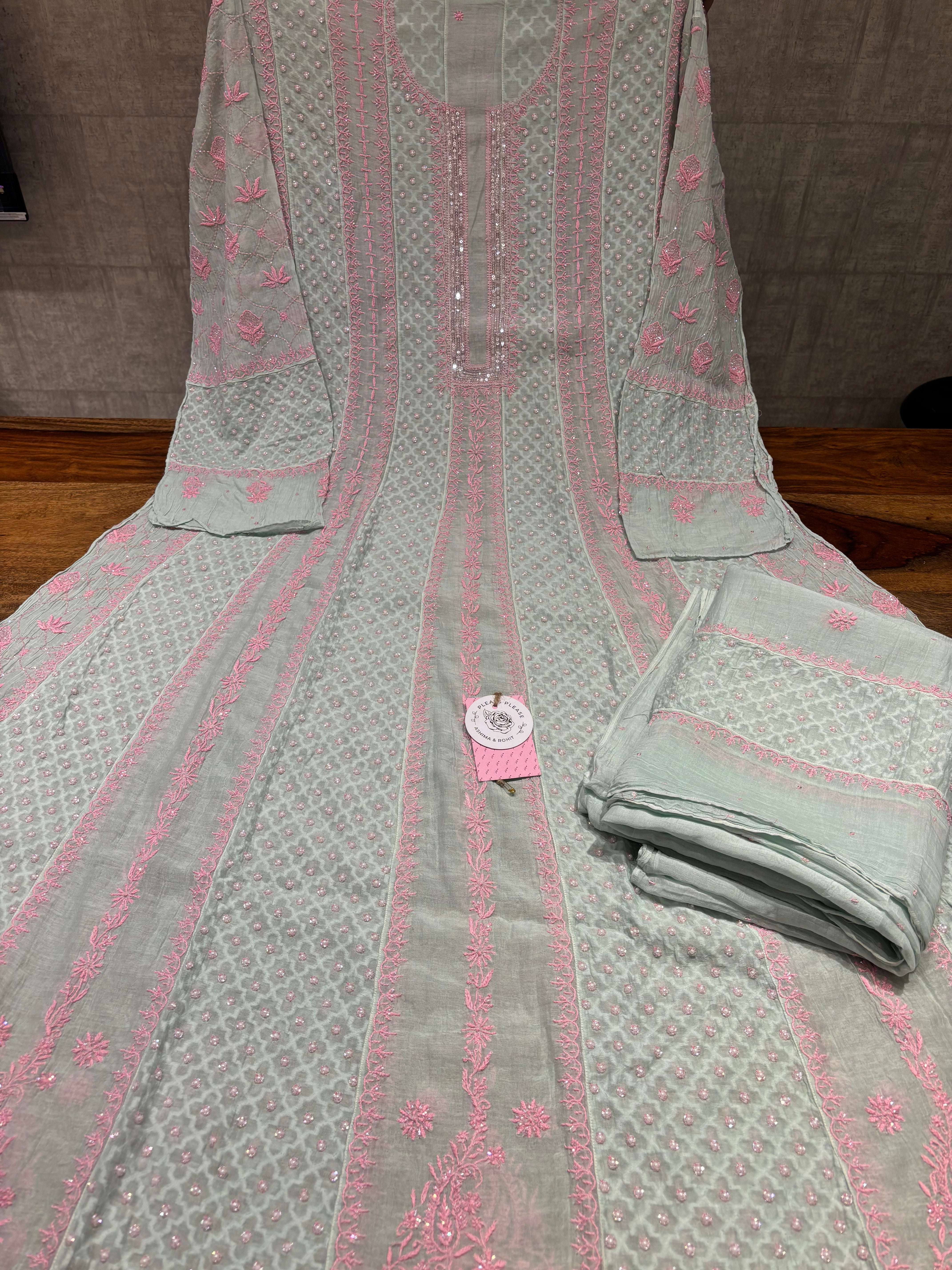 Mint Green Chanderi Mul Chikankari Anarkali & Dupatta Set