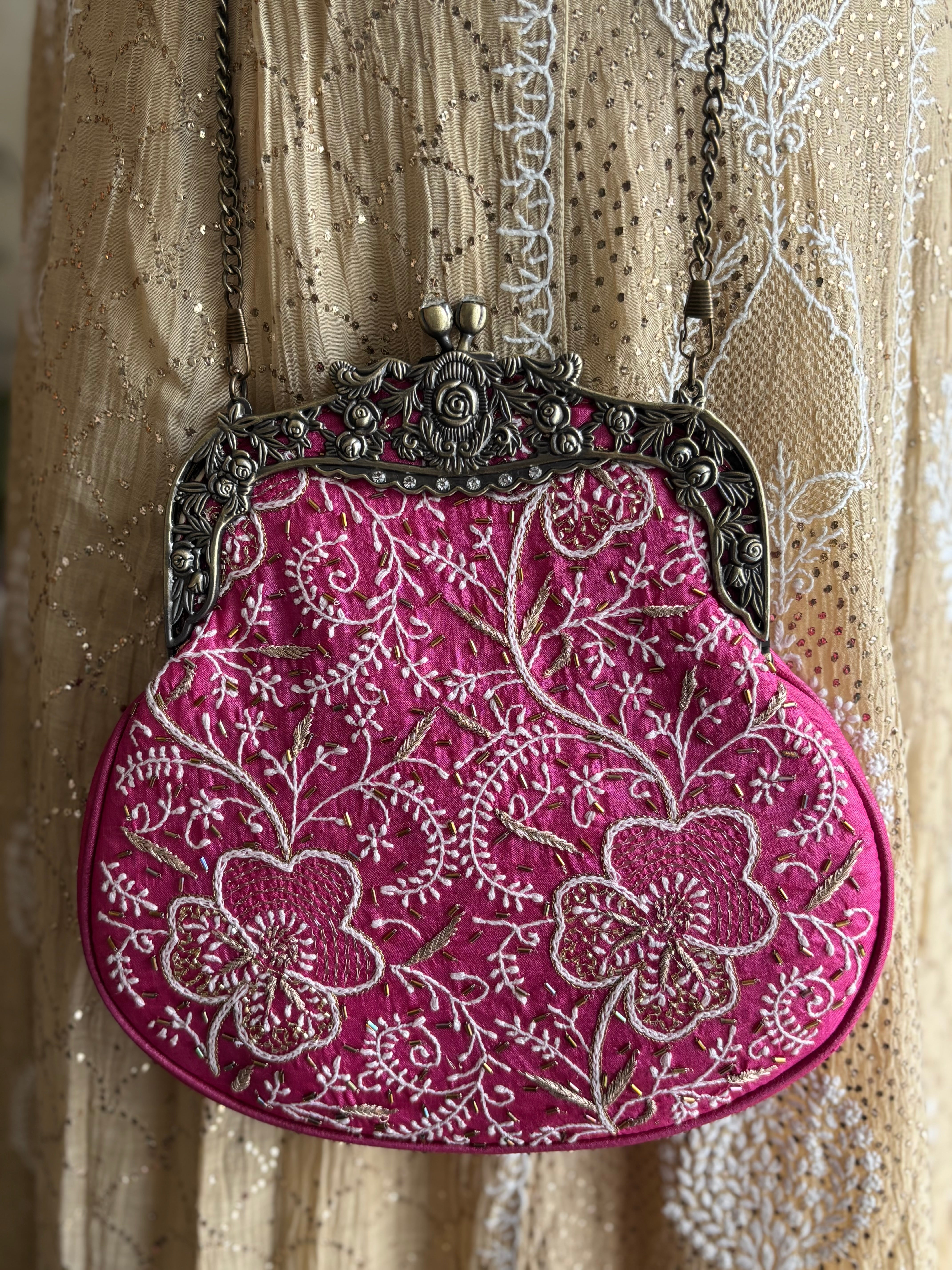 Fuchsia Pink Silk Chikankari Clutch