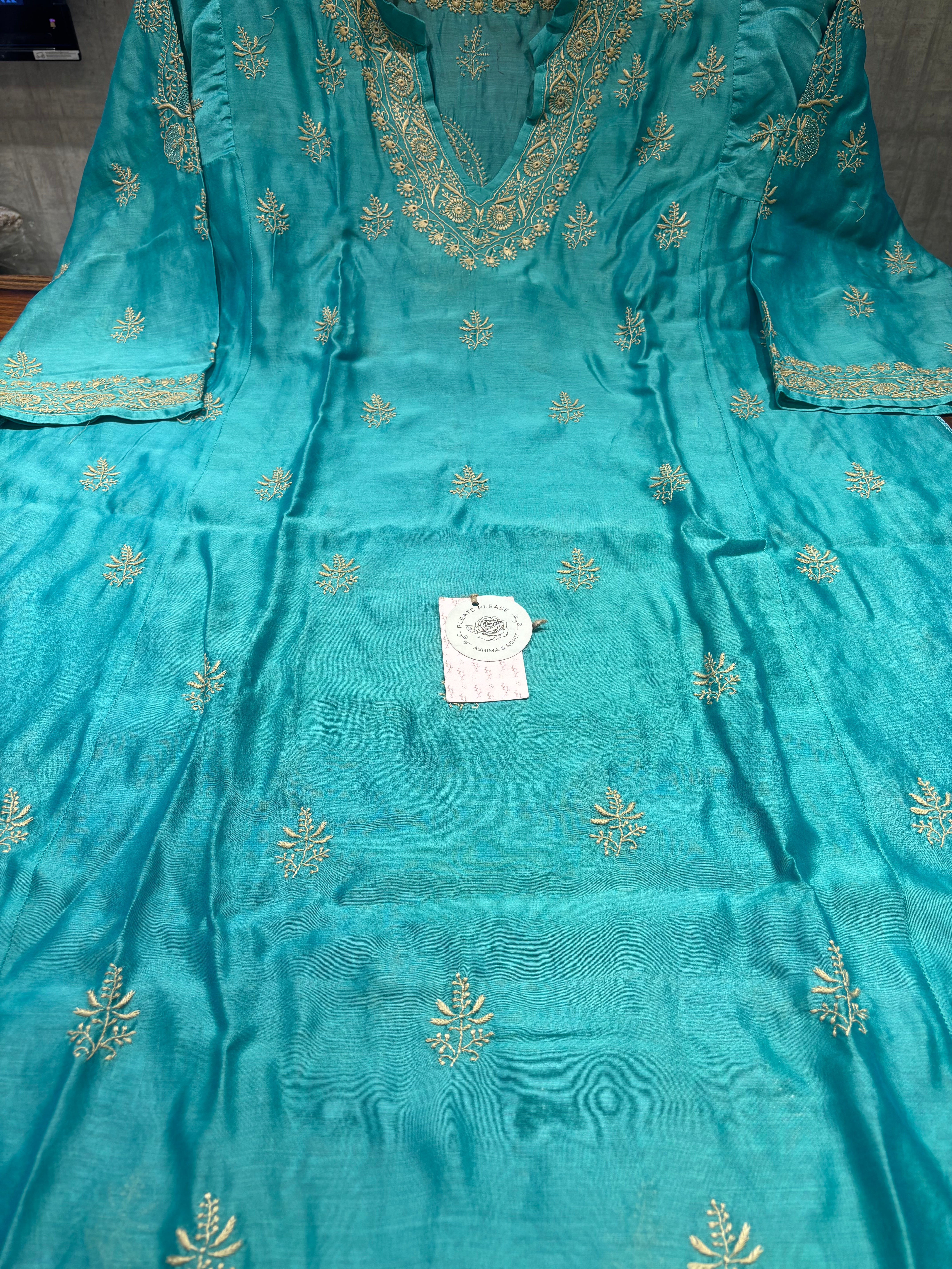 Emerald Green Chanderi Silk Chikankari Kurta Choga