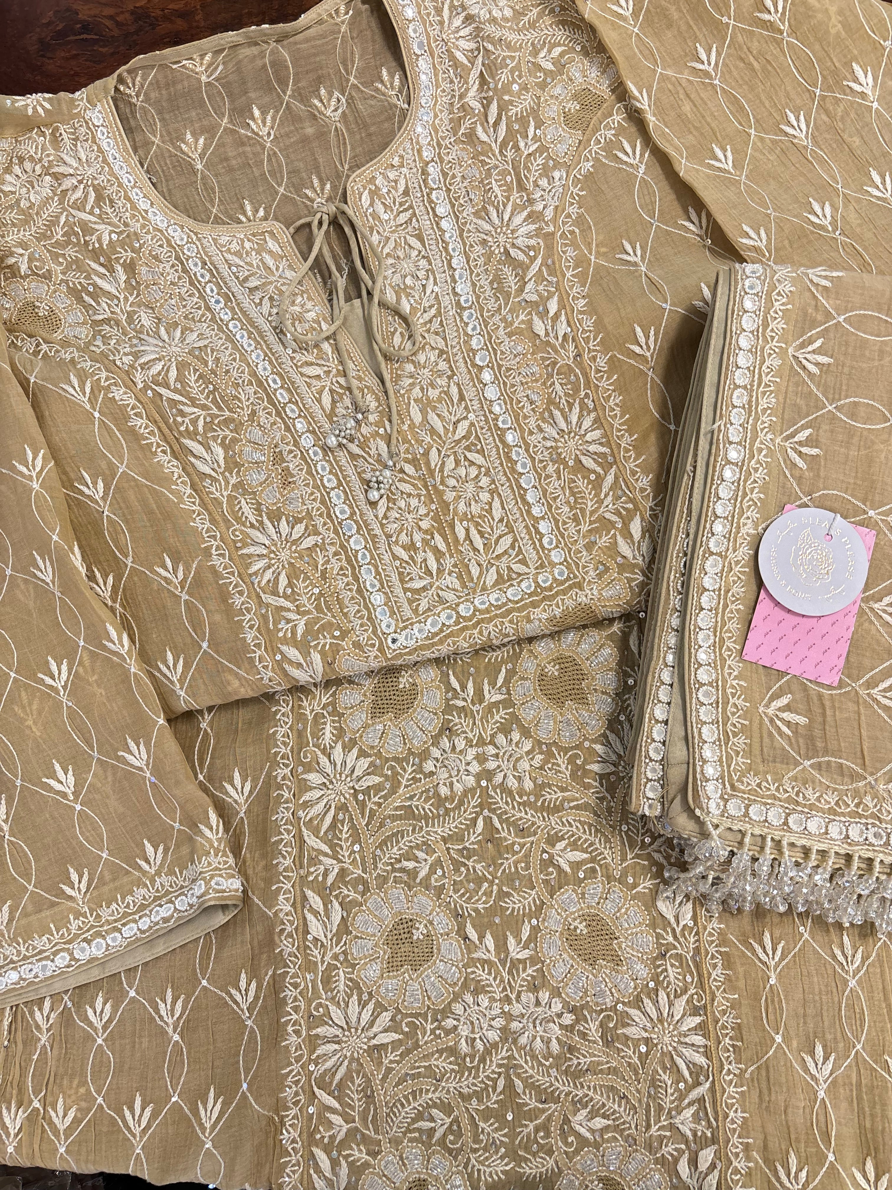 Beige Chanderi Chikankari Kurta & Dupatta