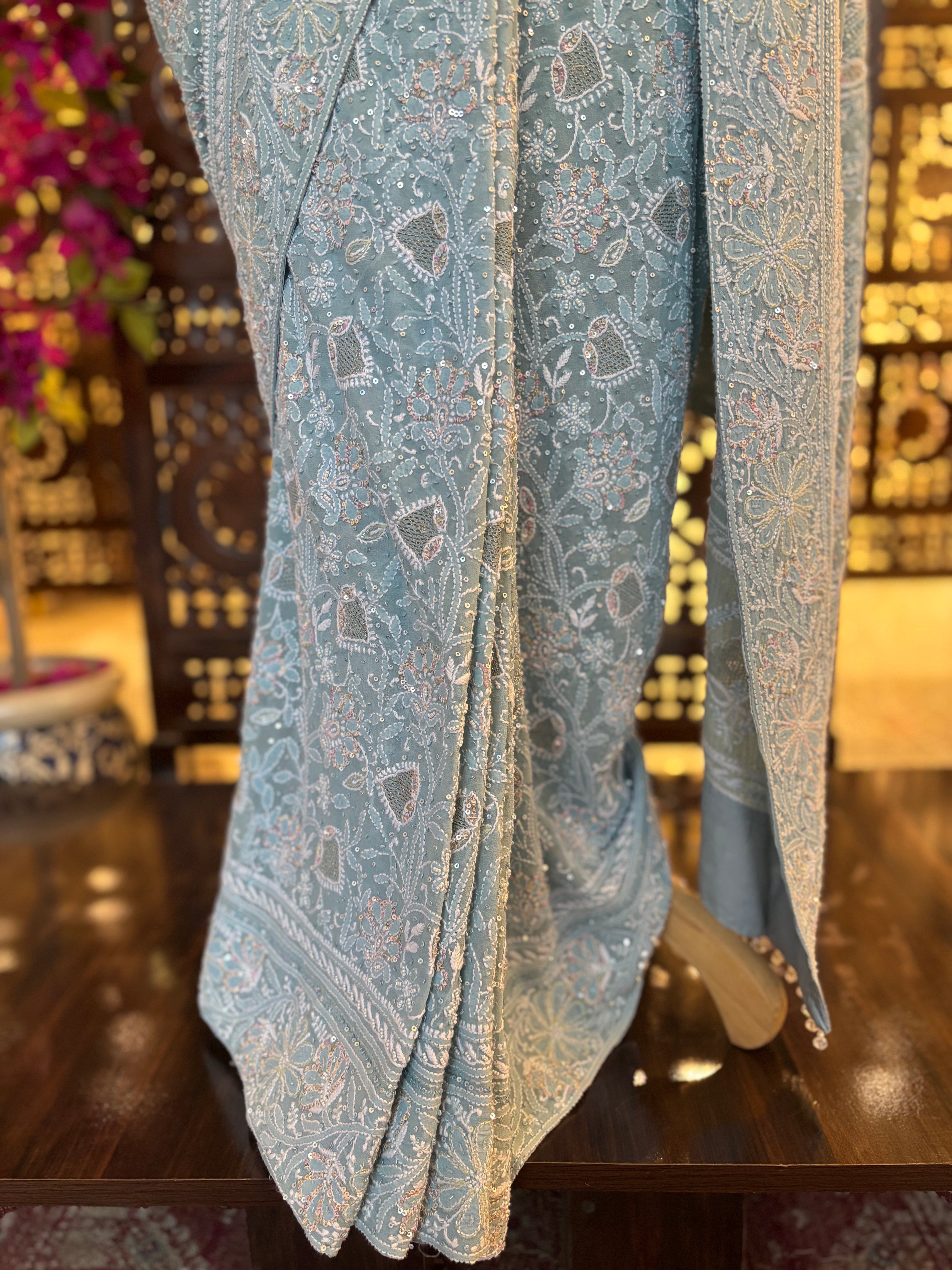 Ice-Blue Pure & Premium Georgette Chikankari Saree - Pleats PleaseChikankari