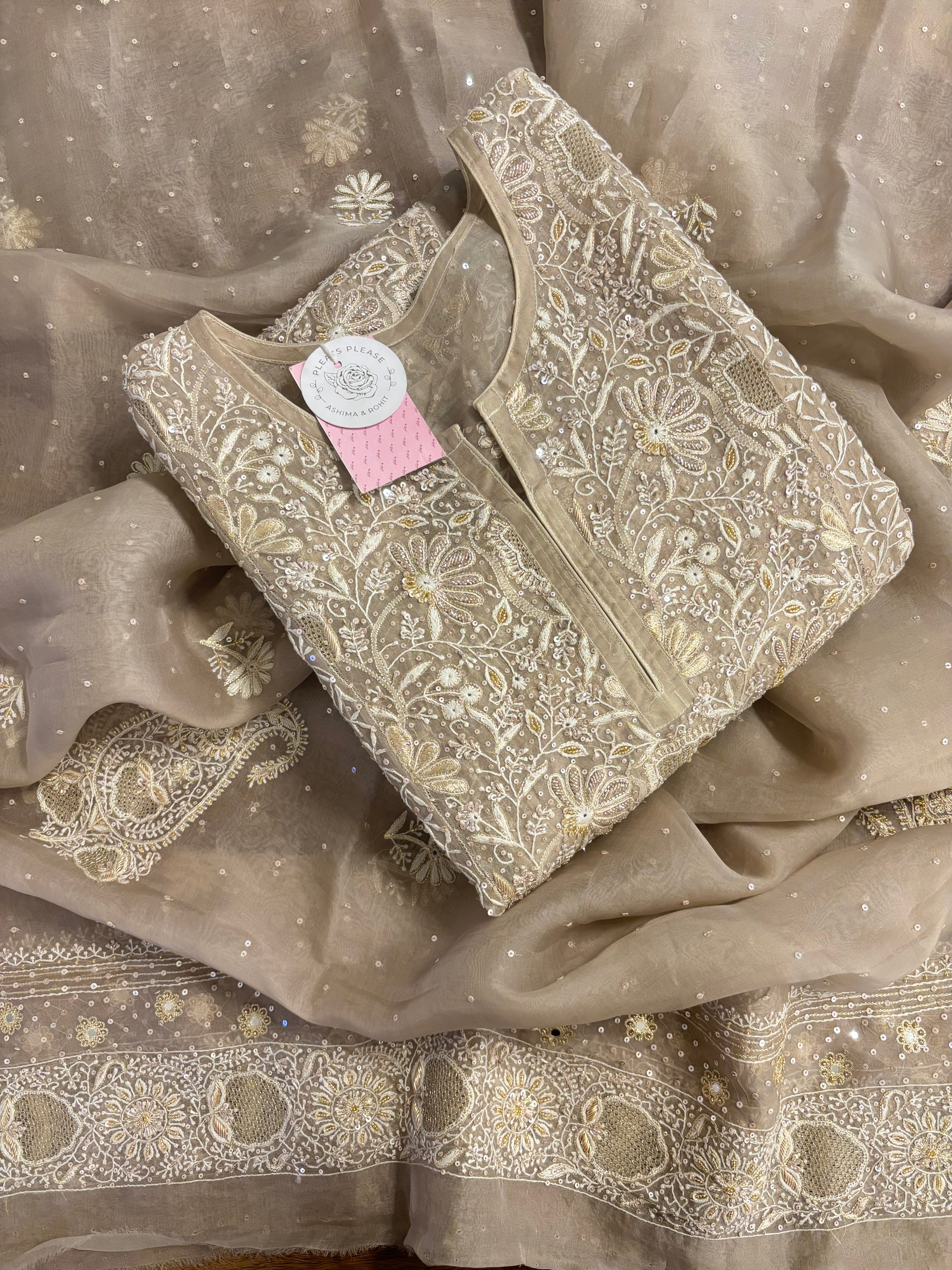 Deep Sand Organza Chikankari Anarkali & Dupatta Set