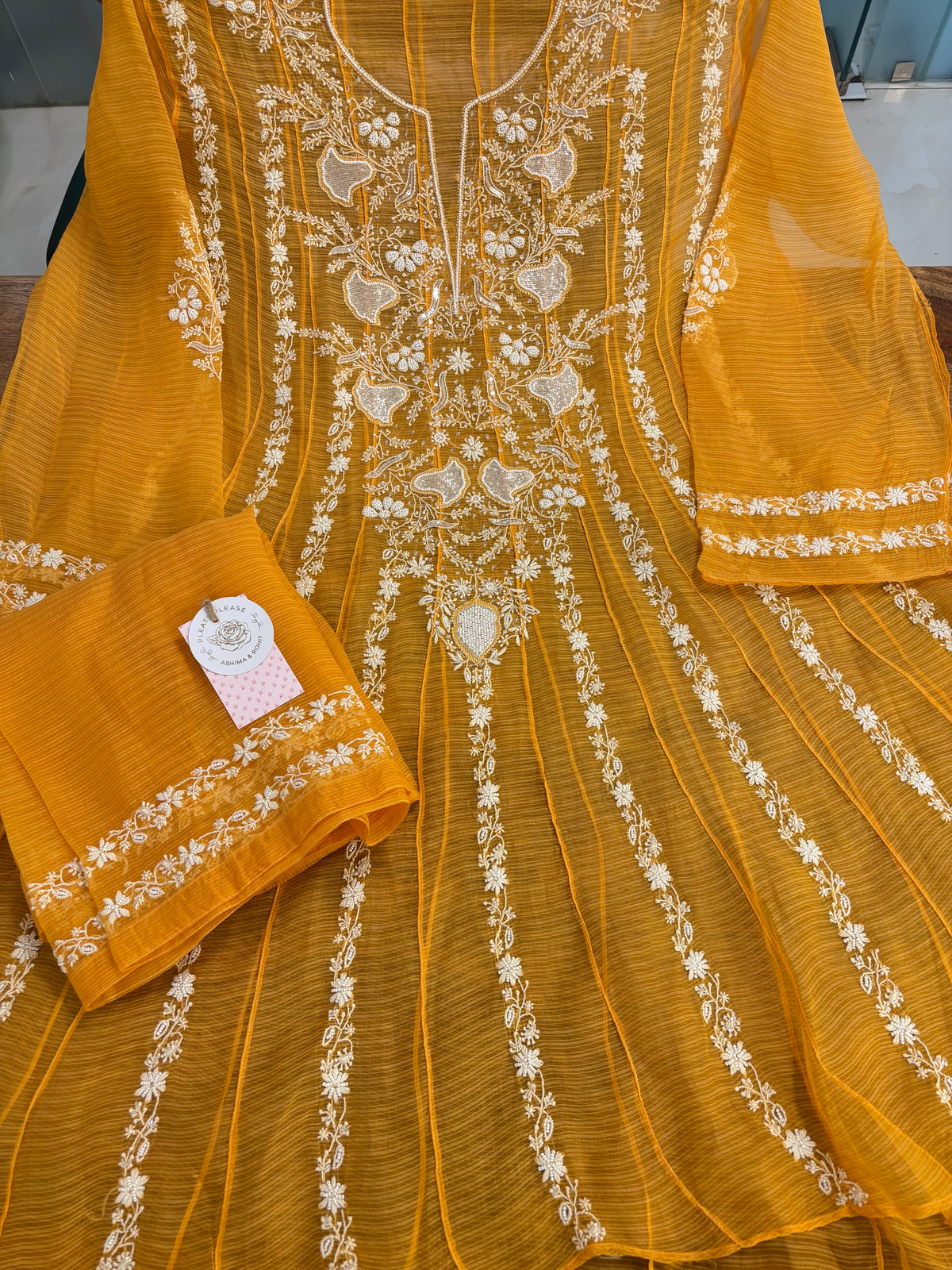 Burnt Orange Organza Chikankari Flared Co-Ord Set