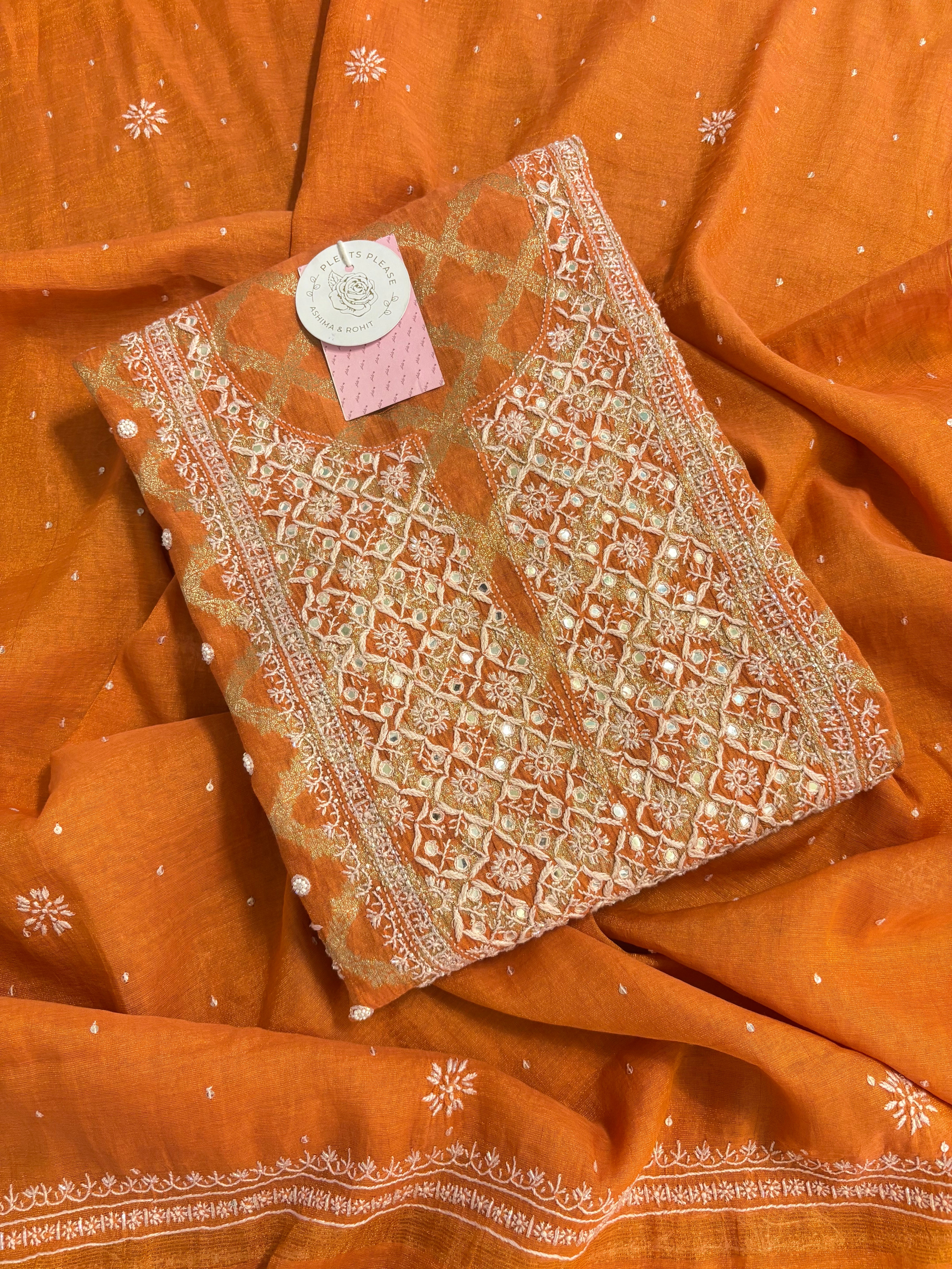 Burnt Orange Pure Tissue With Banarasi Silk Chikankari Kurta & Dupatta