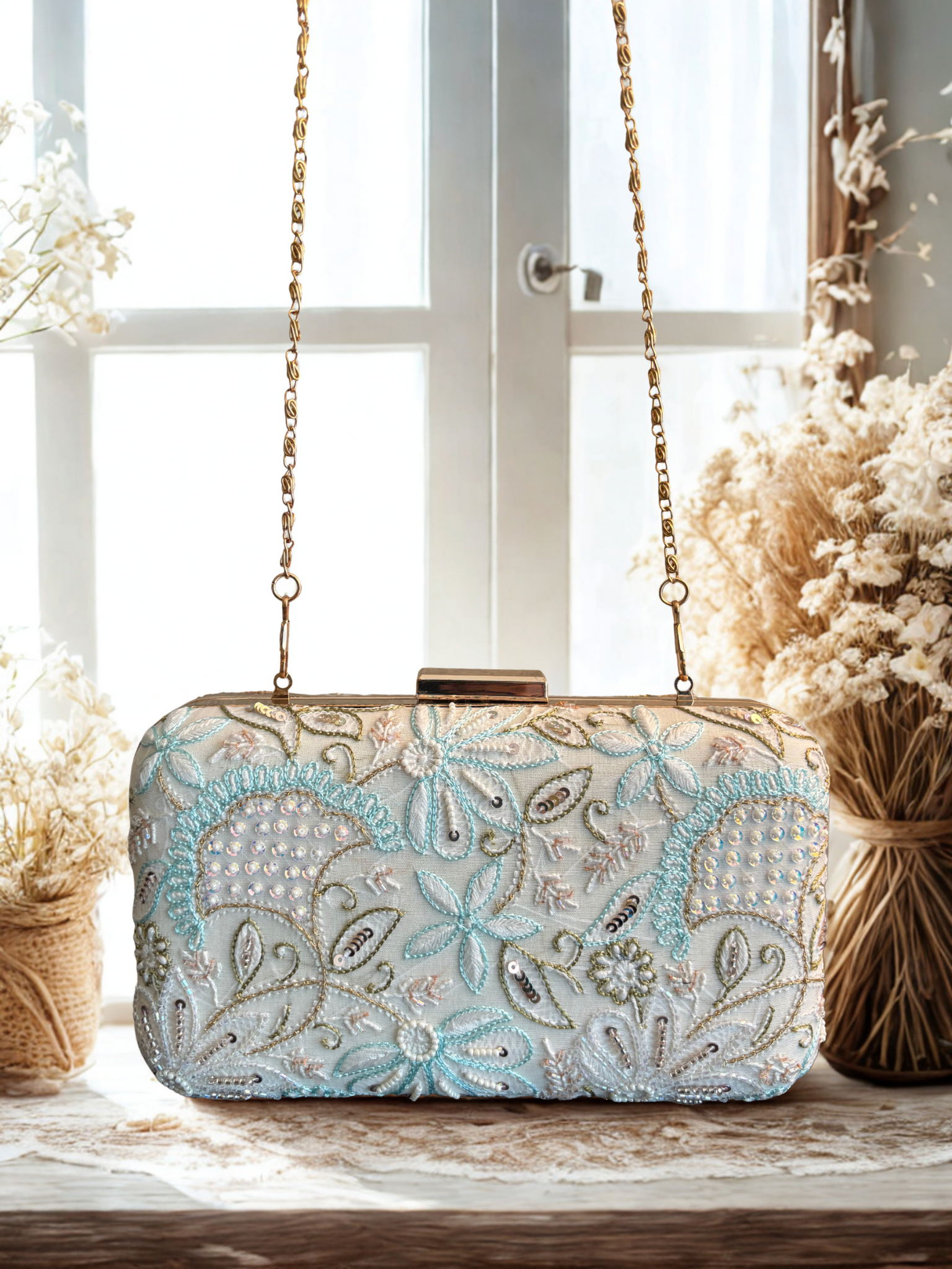 Off White Chikankari Clutch