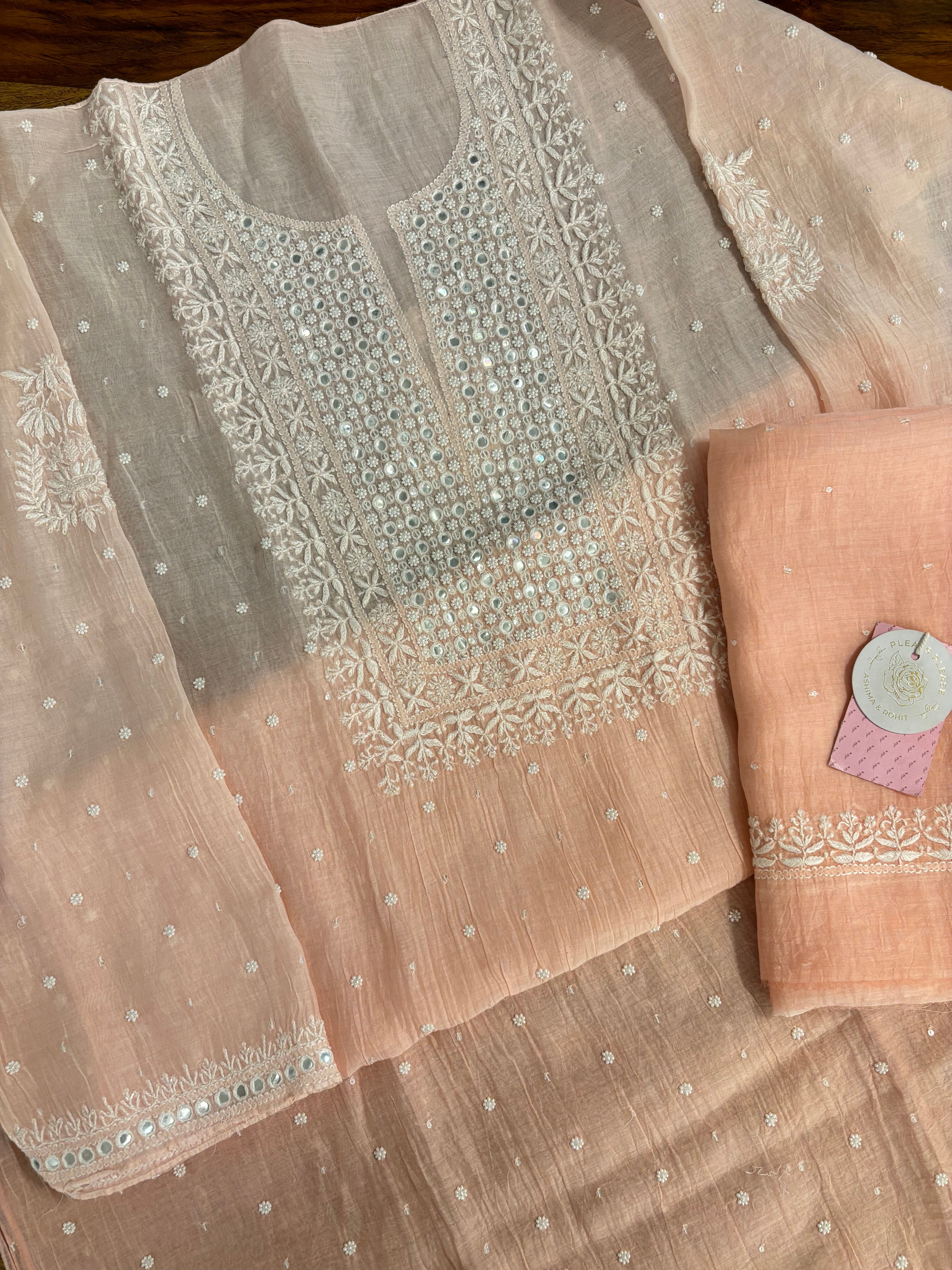Pastel Peach Pure Chanderi Ombre Chikankari Kurta & Dupatta Set - Pleats PleaseChikankari