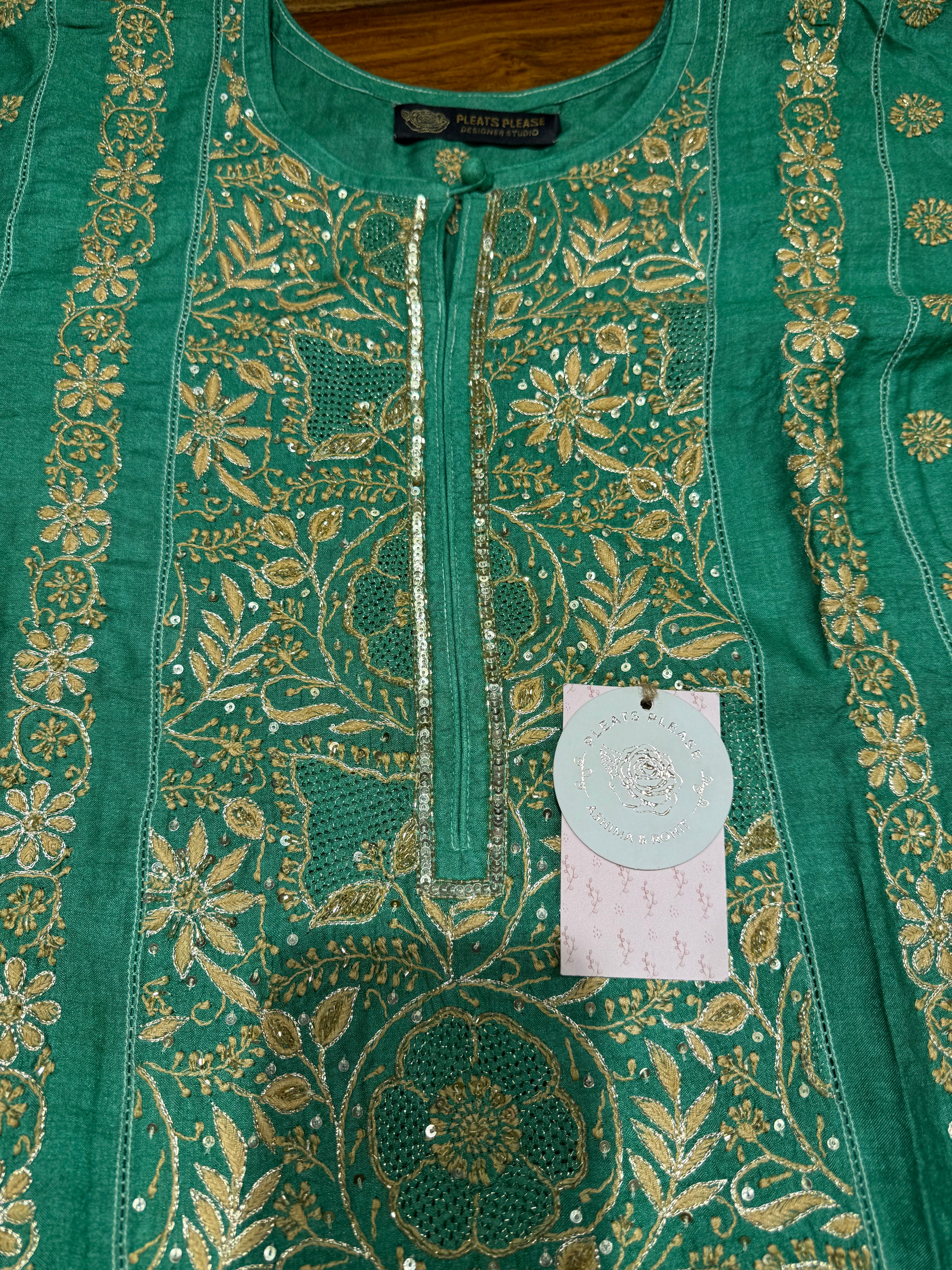 Emerald Green Monga Silk Chikankari A-Line Anarkali & Dupatta Set