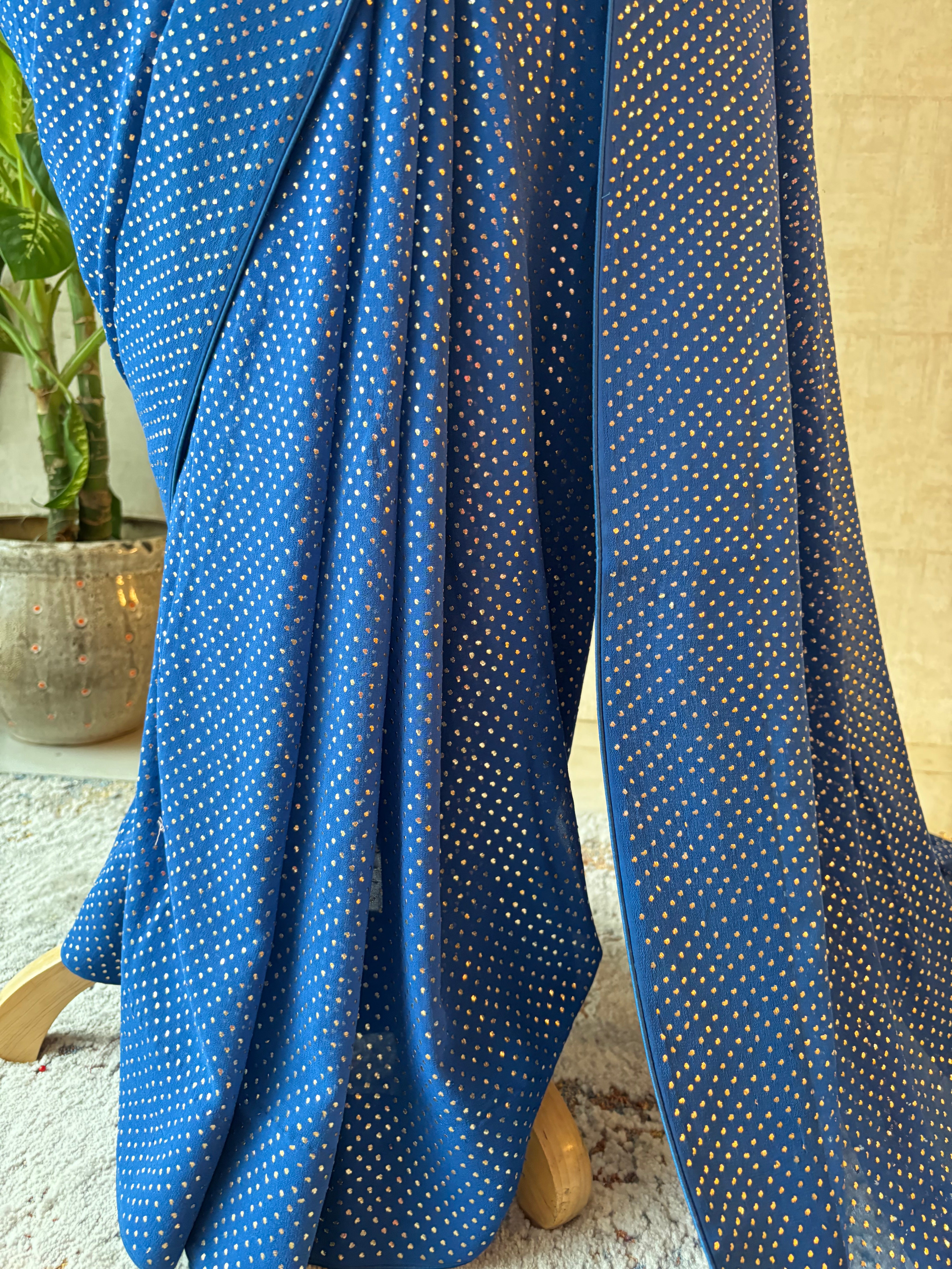 Electric Blue Pure & Premium Georgette Mukaish Saree & Blouse
