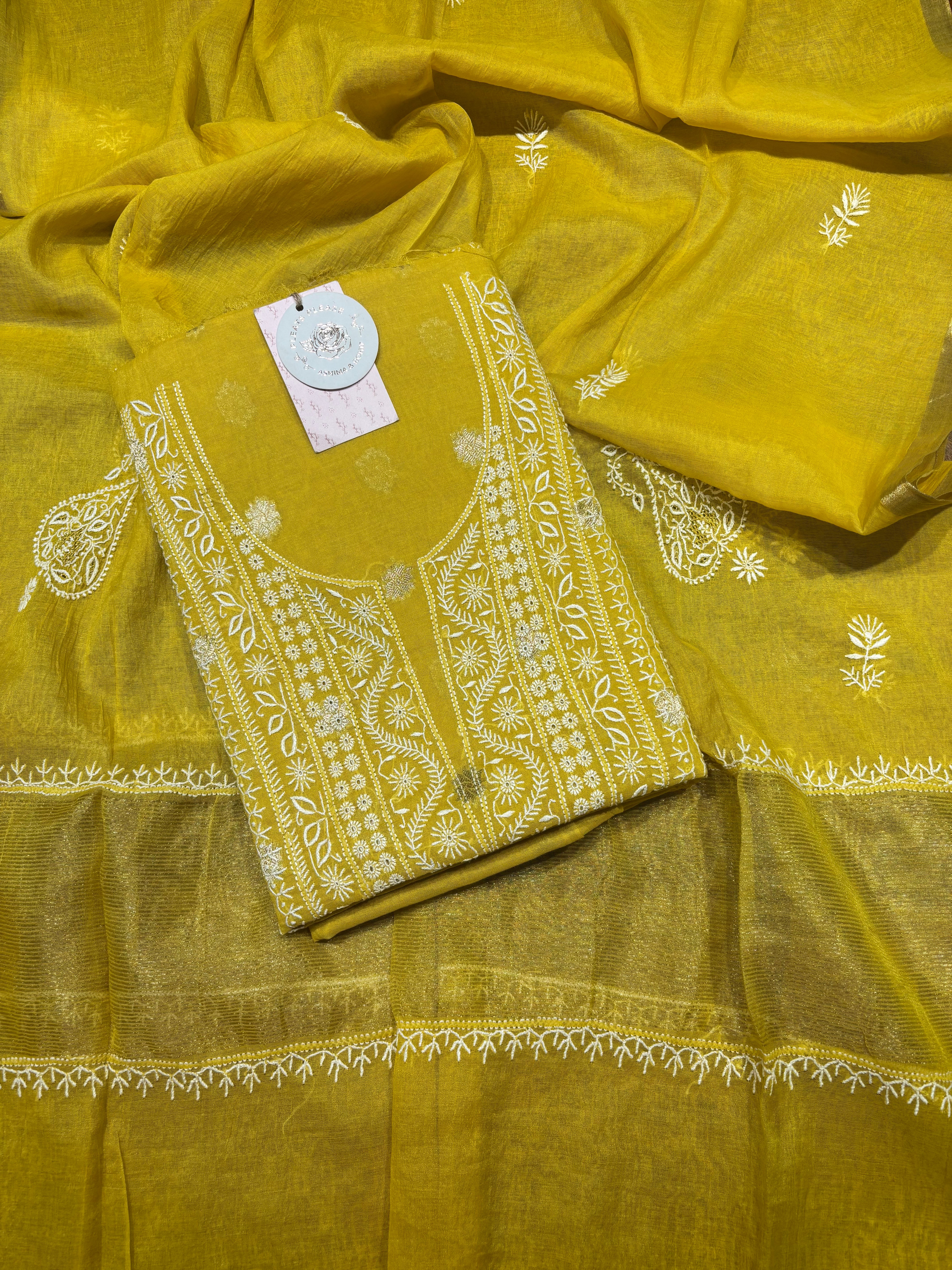Yellow Chanderi Silk Chikankari Kurta & Dupatta Fabric