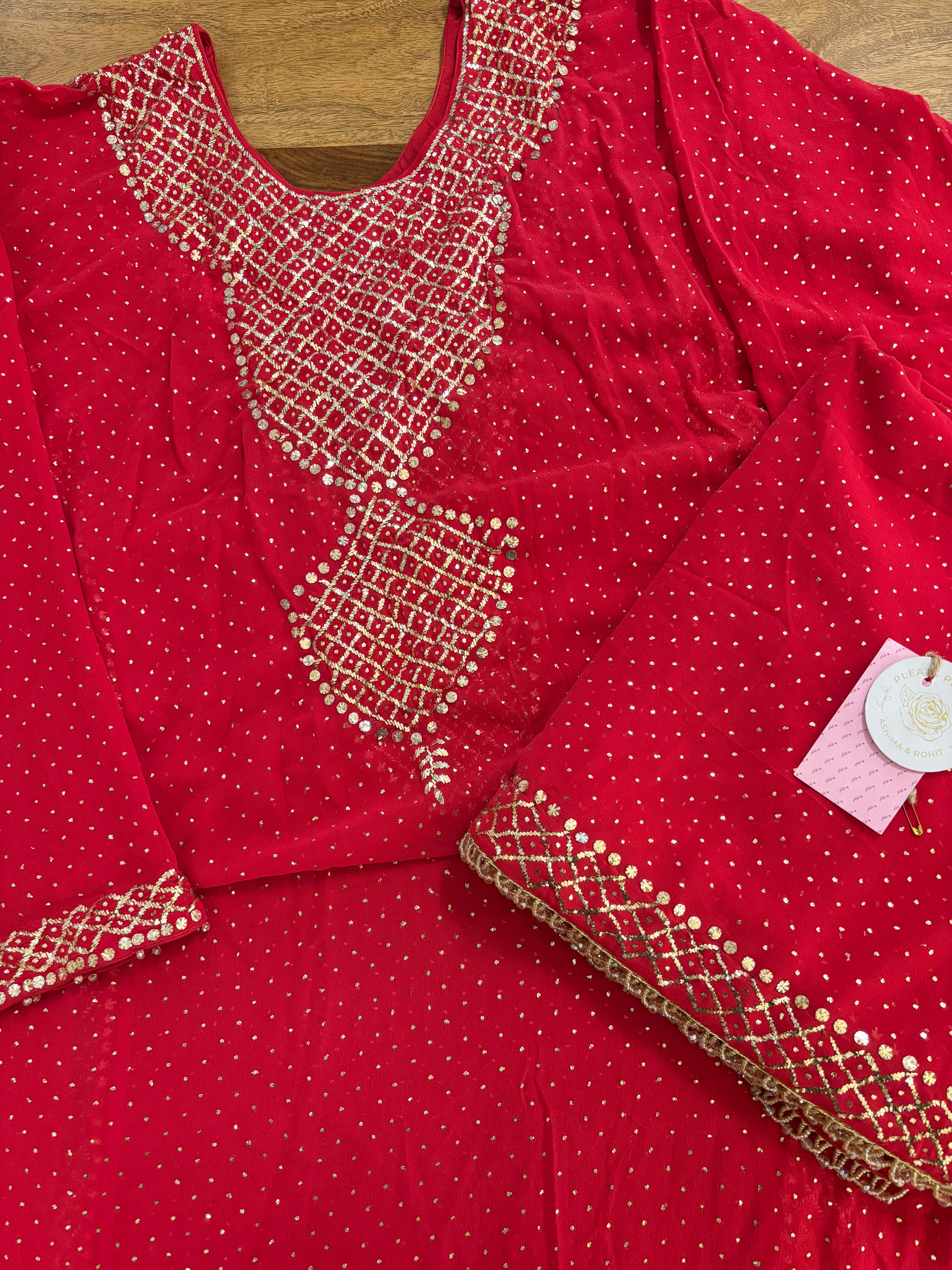 Red Pure & Premium Georgette Mukaish A-Line Kurta & Dupatta