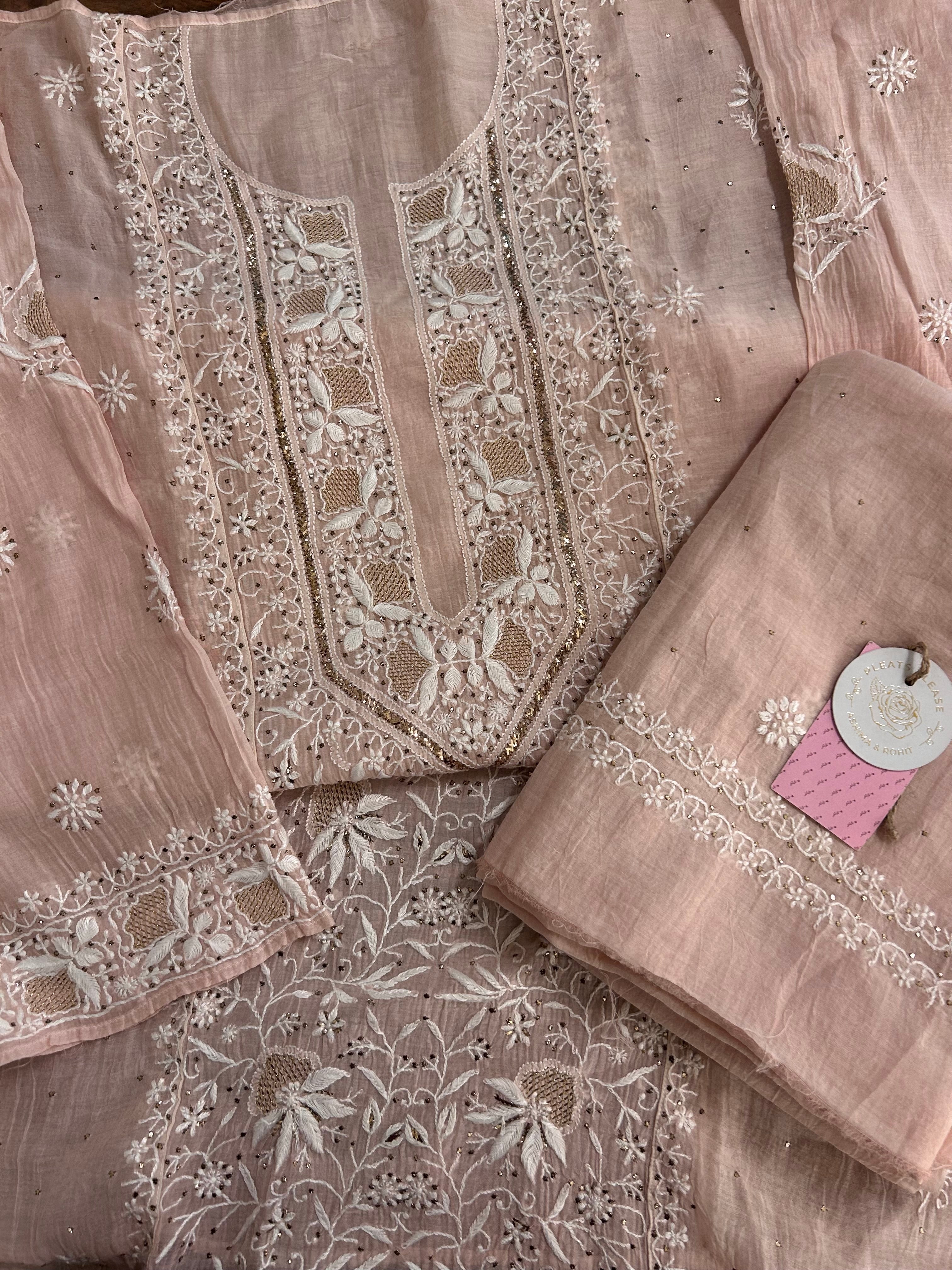 Pastel Peach Chanderi Mul Chikankari Mukaish Kurta & Dupatta
