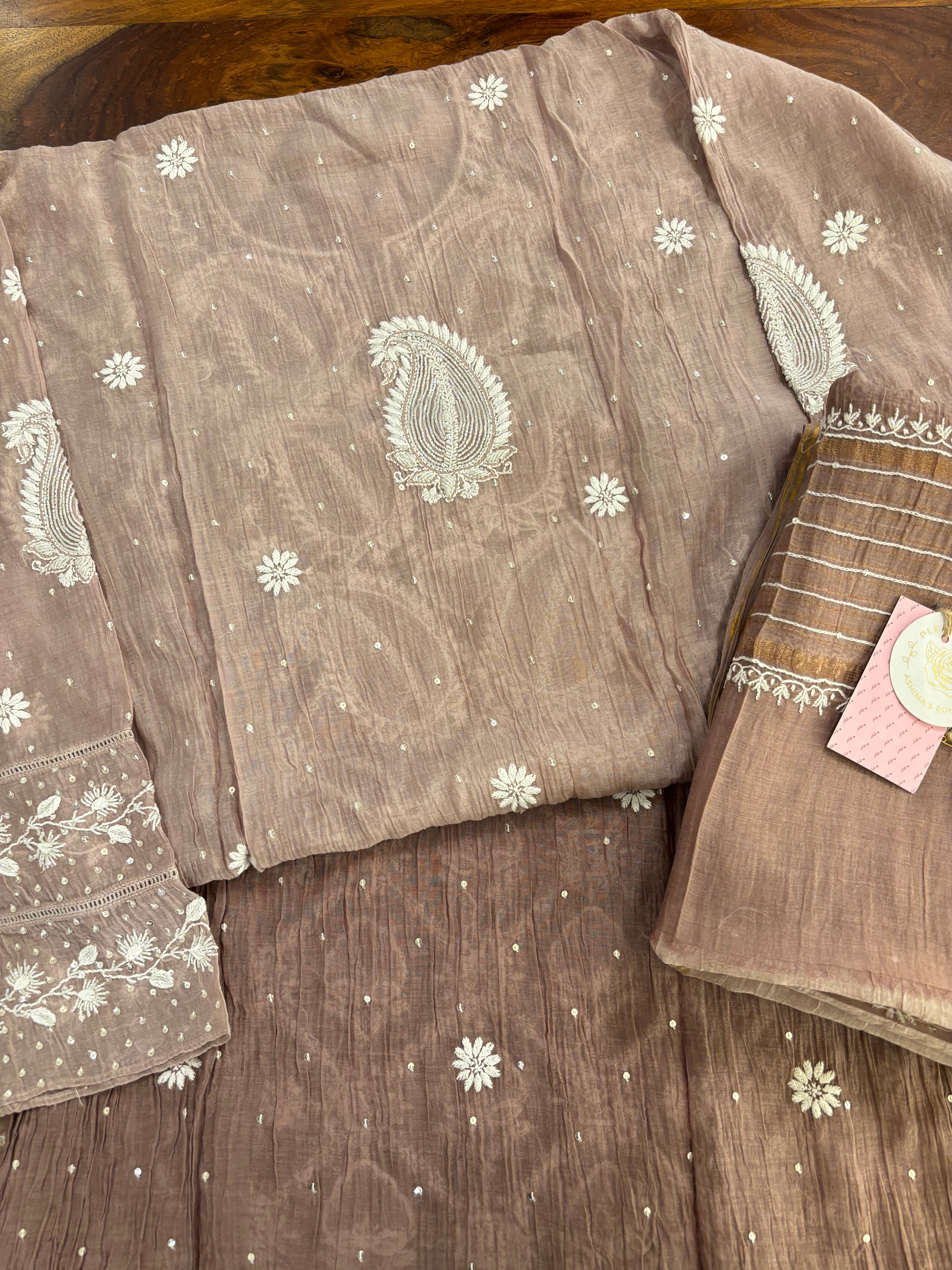 Earthy Brown Ombré Chanderi Chikankari Kurta & Dupatta